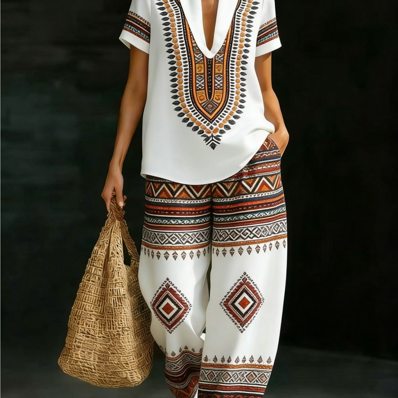 Image of Plus Size - Summer Women'-piece Set Tribal Geometric Print V-neck Short Sleeve Top And Wide Leg Pants Casual Loose Vacation Outfit Brown White