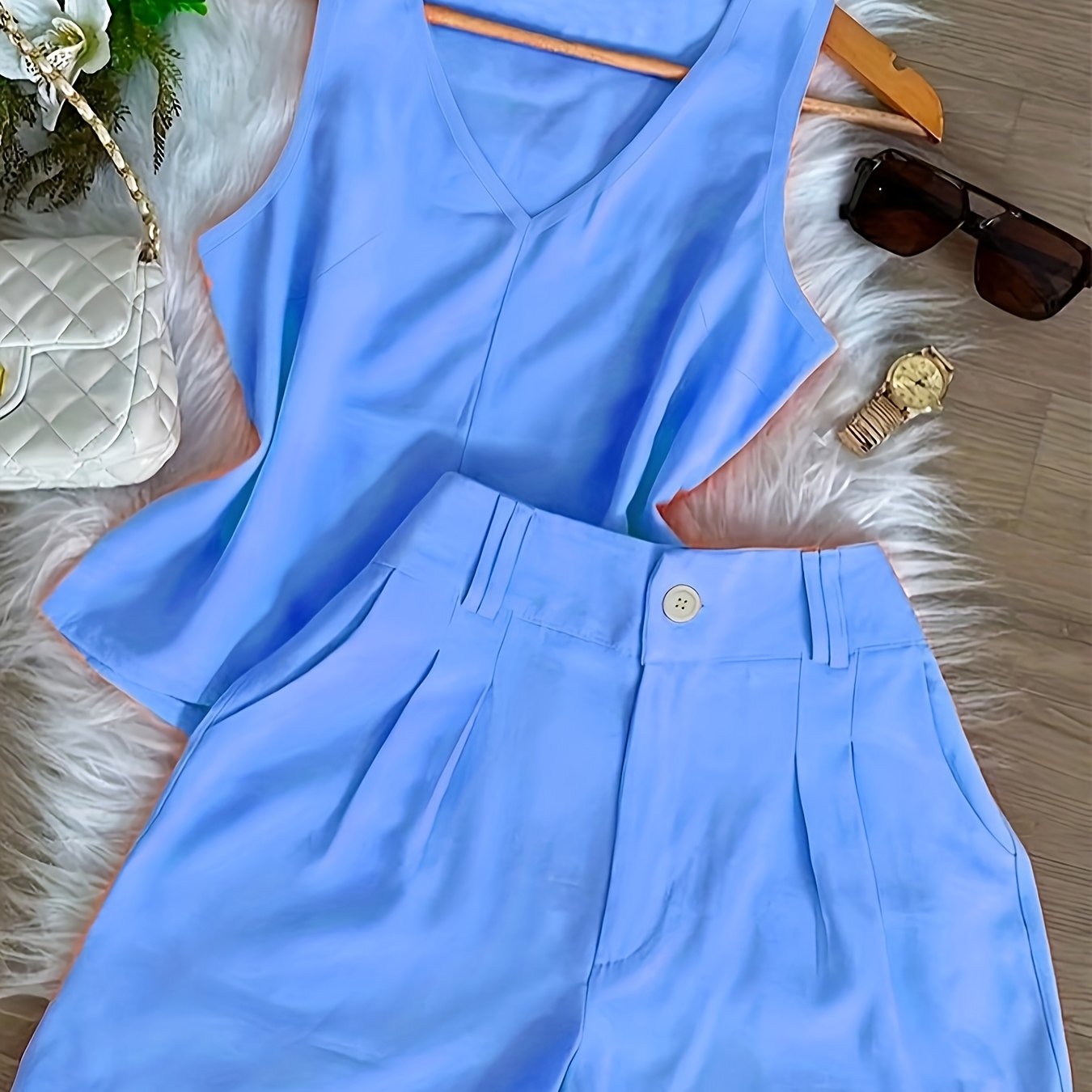 TEMU Damen Frühjahr/Sommer Mode Freizeit Einfaches Pendler-Set mit V-Ausschnitt-Weste Shorts