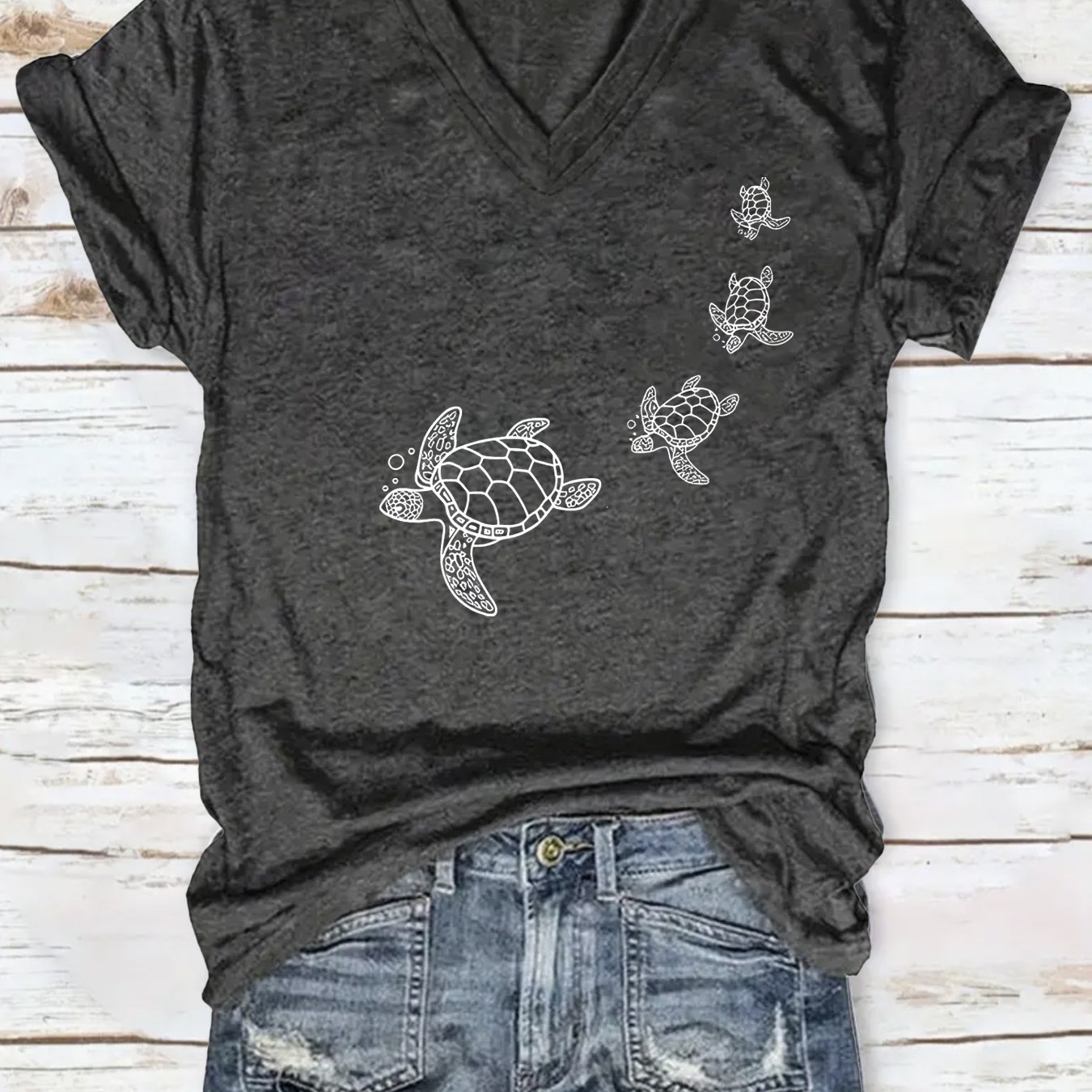 TEMU "four Turtles" Printed V-neck T-shirt, Casual Short-sleeve Summer , Women's Clothing, Suitable For Gifts For On Holidays
