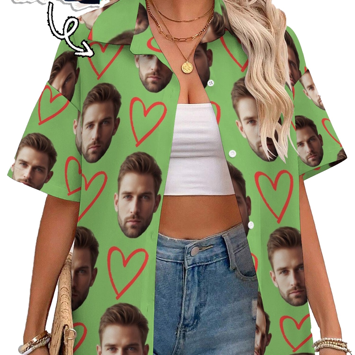 TEMU 2025 Custom Product - Custom Face Women's Hawaiian Shirt Add Your -face Smiling Photo Digital Printing On Casual Shirt Floral Pattern Optional