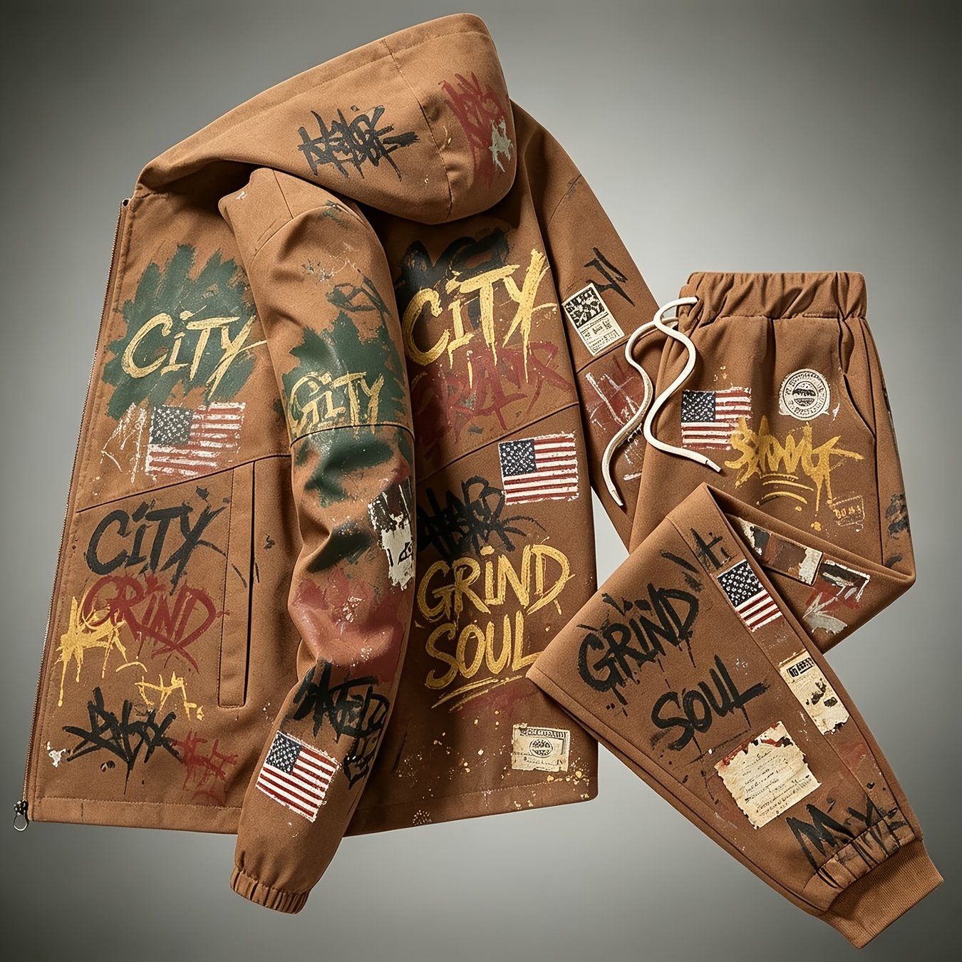 Men' Style Full Zipper Hoodie Jacket, Legged Sports Pants Set, Graffiti City Soul, American Flag Pattern, Adult Casual Dressing