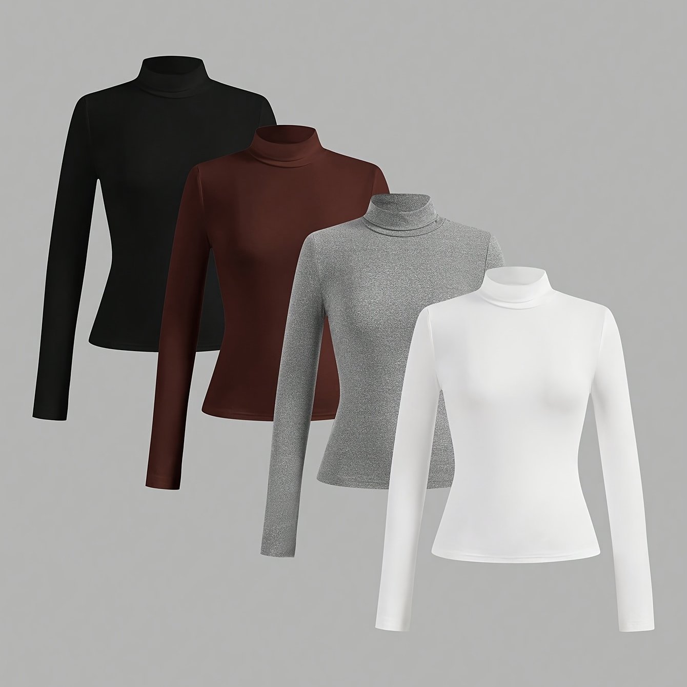 TEMU 4 Packs de T-shirts à Manches Longues et Col Mock pour Femmes, Hauts de Base Coupe Unie, Sous-Vêtements Élastiques Décontractés pour et l'Hiver