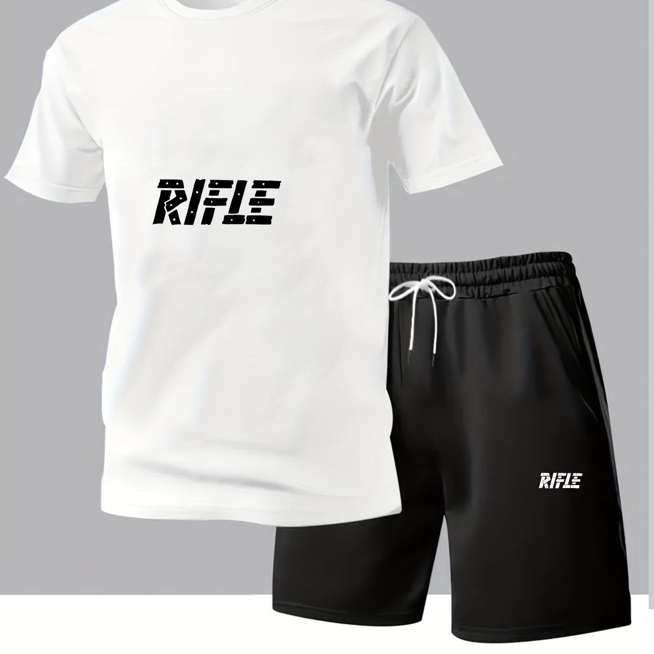 TEMU Set pezzi 2026 nuovo da : T-shirt a maniche corte e pantaloncini, stile casual sportivo con design a testo "Rifle", abbigliamento estivo da