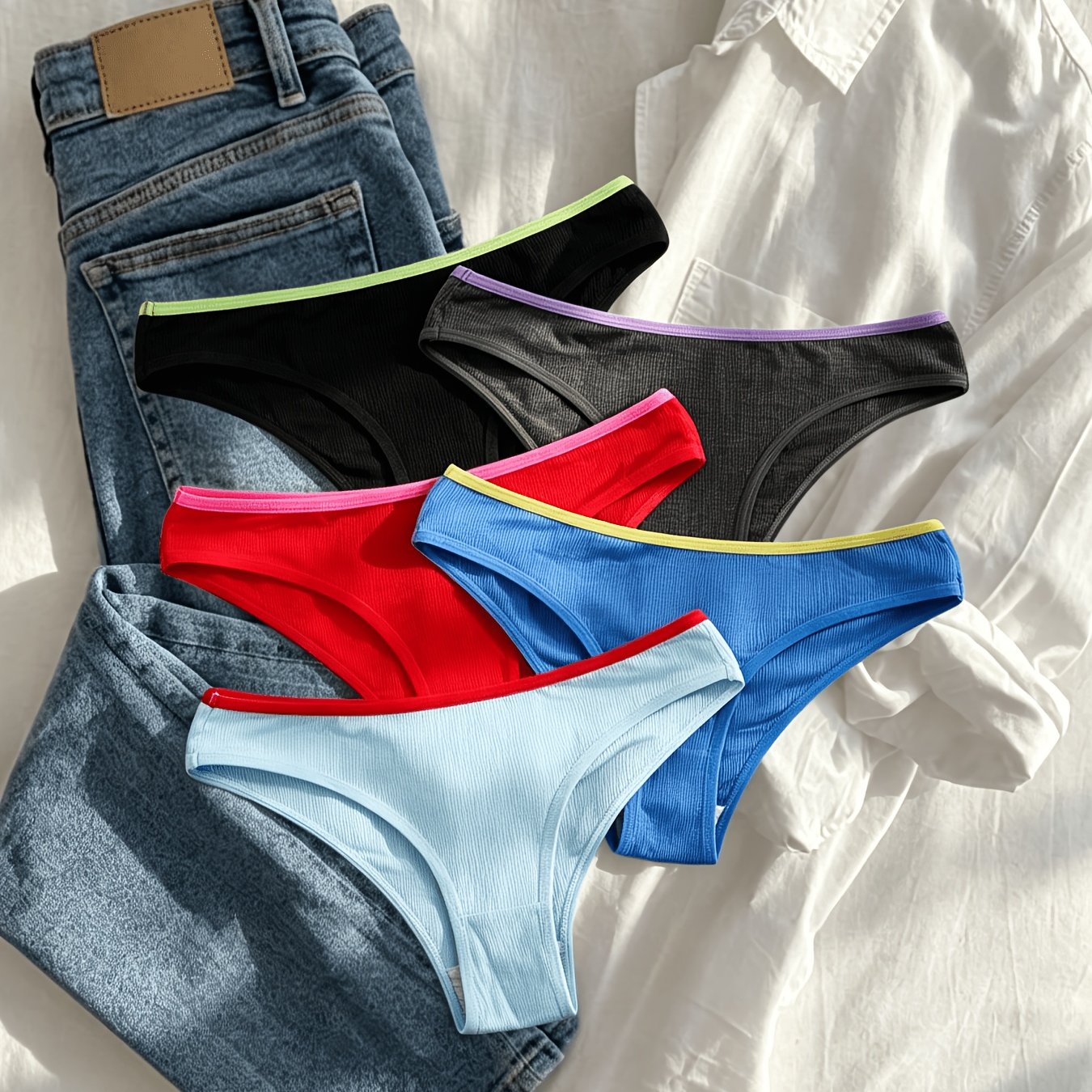 TEMU 5pcs Contrast Waistband Ribbed Women's Panties, Low-waist Comfortable High-stretch Breathable Triangle Shorts, Assortment Of Skin-friendly Daily
