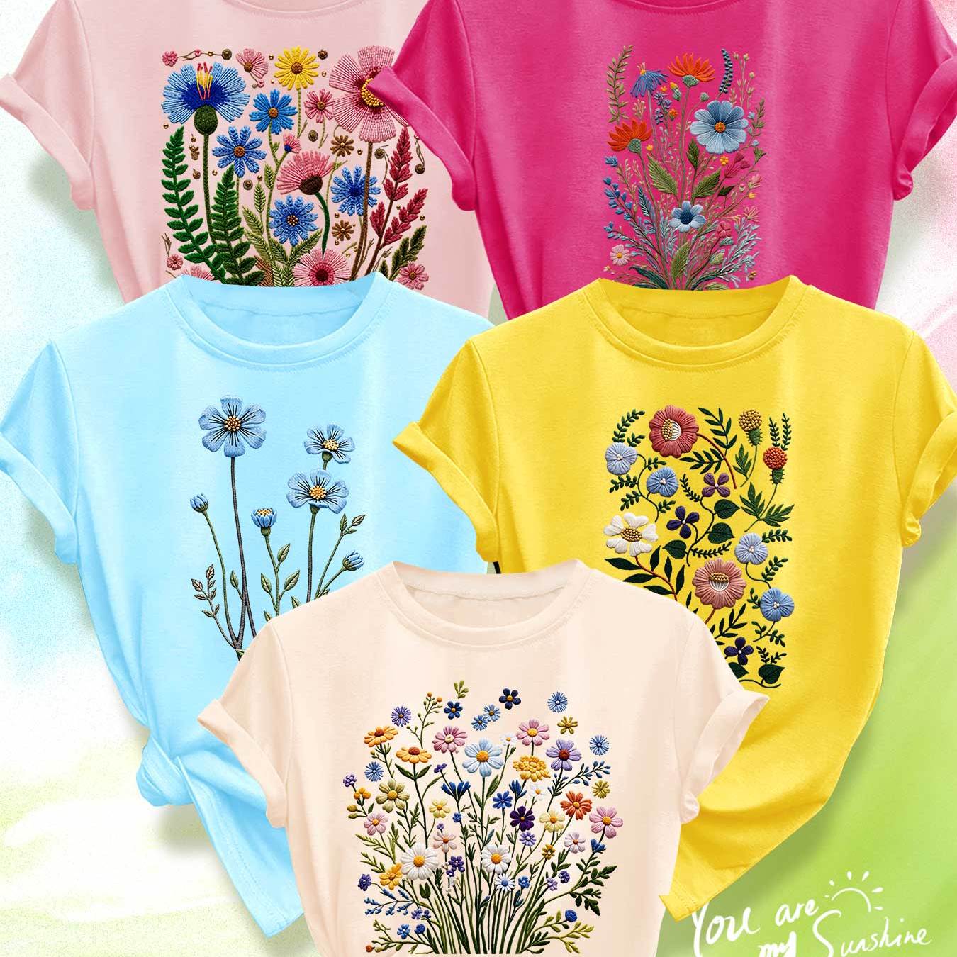 TEMU Simple And Elegant New Summer 5pcs Set, - Print T-shirt, Plus-size Women's Spring/summer Casual Sporty Style, Comfortable And Soft Round-neck