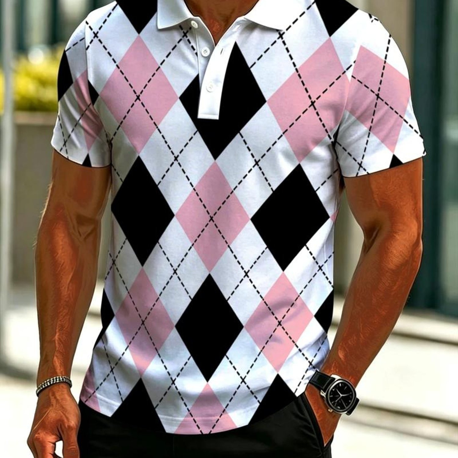 TEMU Men's Novelty Shirt, Argyle Diamond Pattern, Mixed Color, Multiple Sizes, Classic & Design, Suitable For Daily Wear, Casual Occasions, Trendy