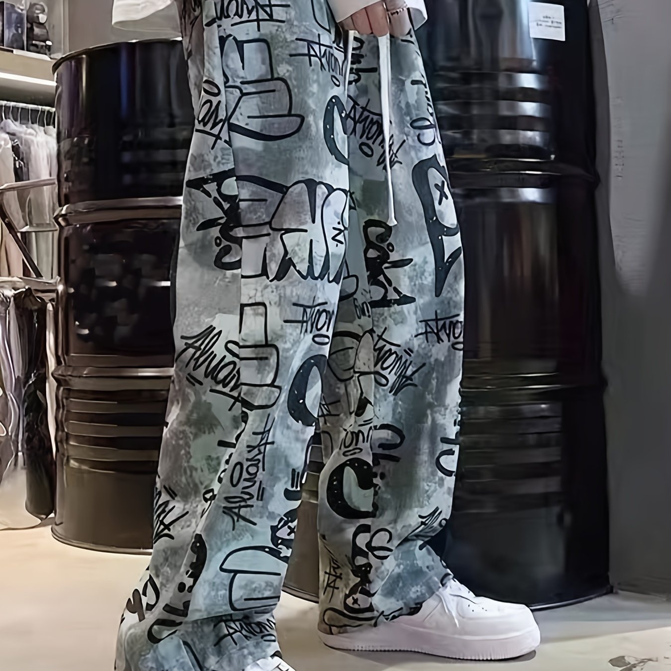 TEMU メンズカジュアルレタープリントドローパンツ - 軽量ポリエステルワイドレッグトラウザーズ、屋外活動に最適、春/夏/秋に最適、洗濯機洗い可能、&多用途