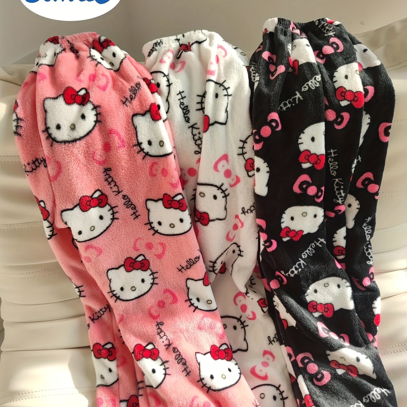 Image of Three-pack New Year's Valentine's Day Gift | Hello Kitty Official Pajama Pants | Black + White + Pink , Plush Flannel | Loose Fit Warm Pajamas For , Couples