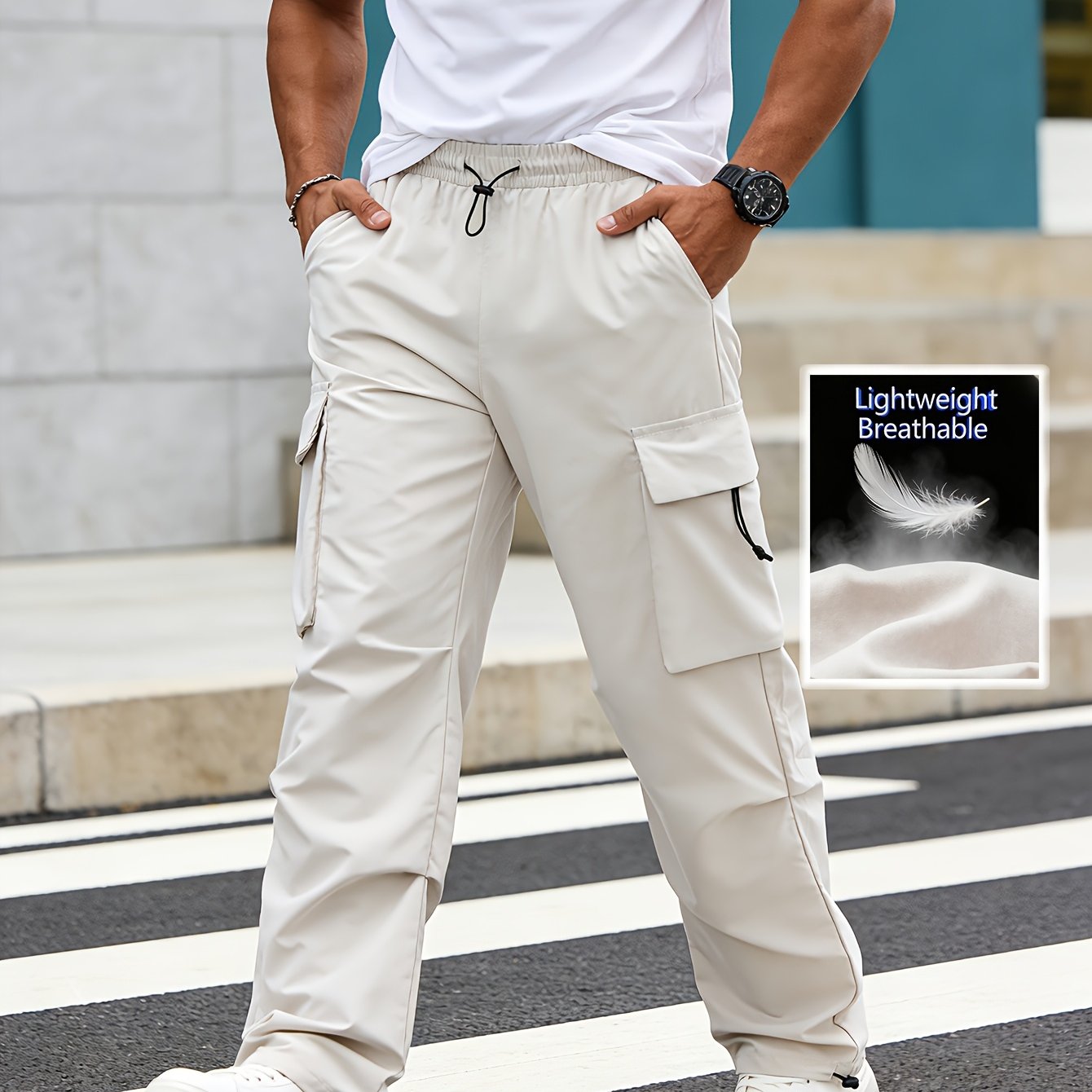 TEMU Men's Lightweight Breathable Cargo Pants, Elastic Waist Drawstring Loose Wide Leg Trousers With Multi Pockets, Quick Dry Casual Work Pants For