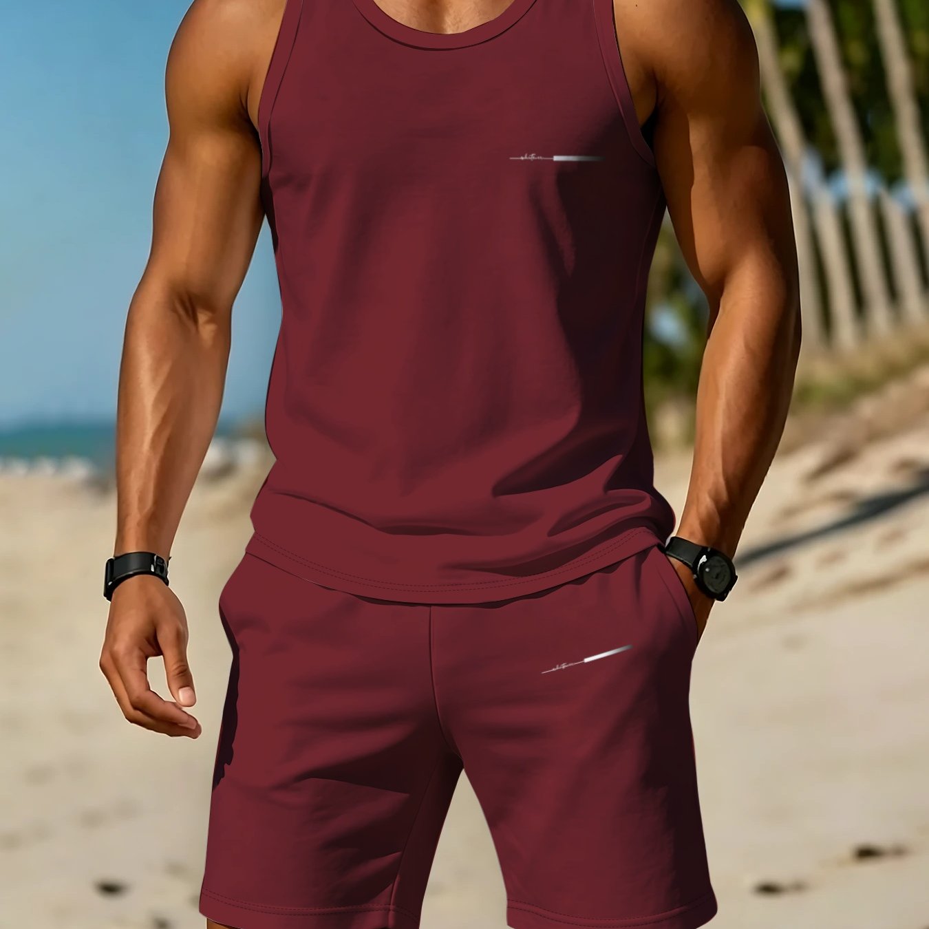 TEMU Men's Casual Vest Set With Geometric Pattern, Crew Neck, Comfortable Apparel