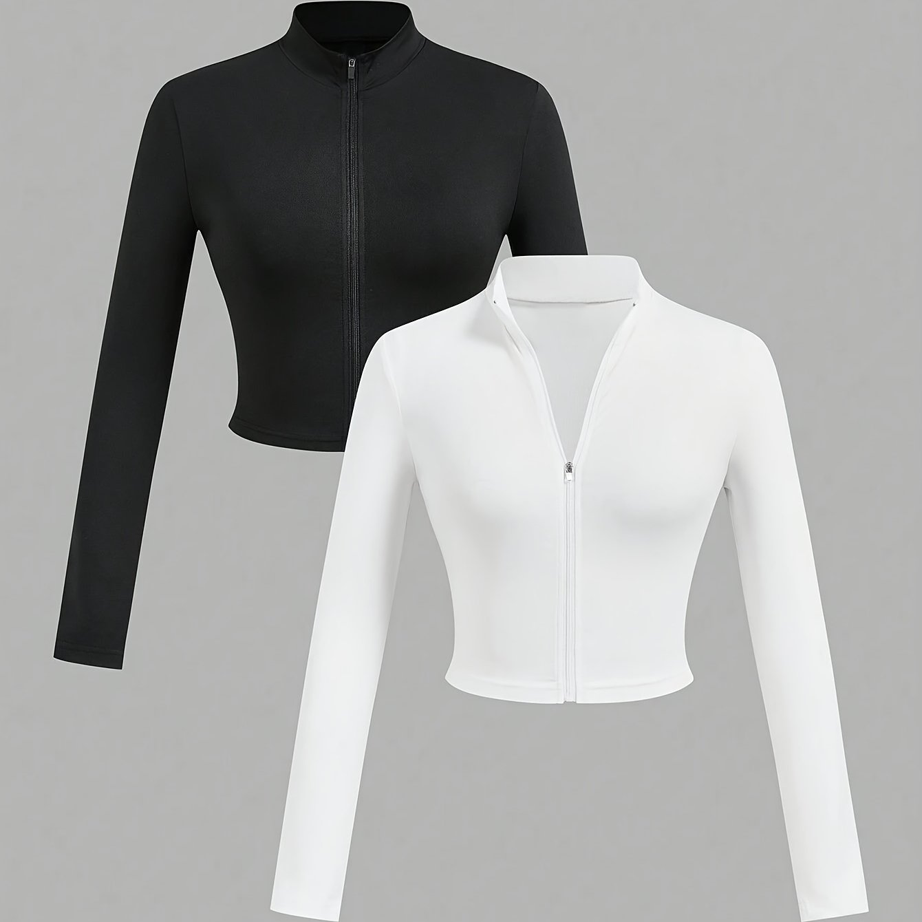 2pcs, Women' Casual Stand Collar Zipper Long Sleeve Cropped Top T-shirt