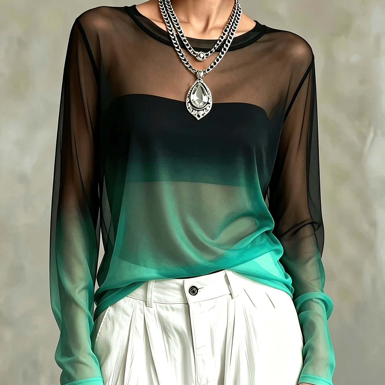 TEMU Black Green Gradient Mesh Sheer Long Sleeve Cover-up Women's Round Neck Slim , Western Hot Layering Inner Base Shirt