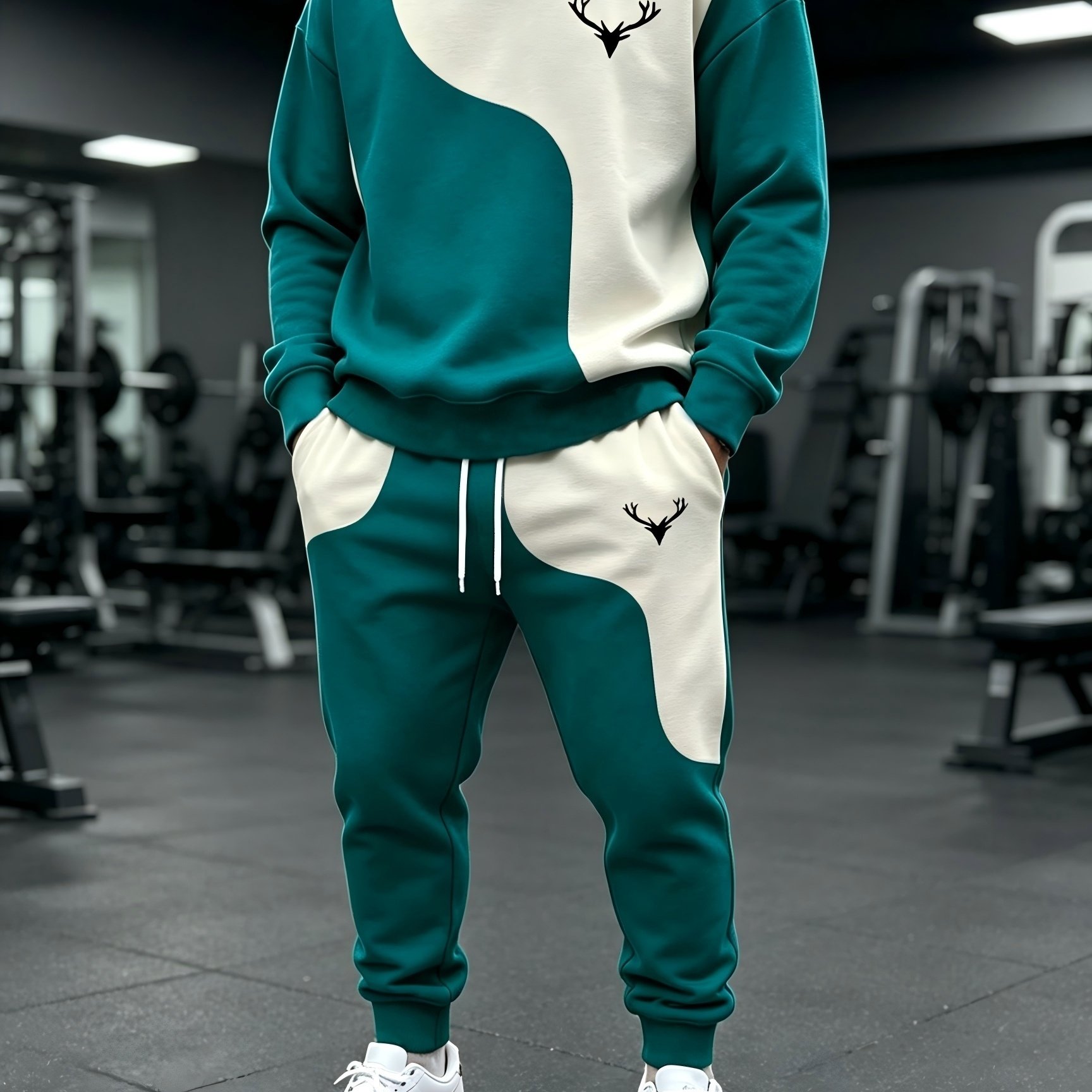 TEMU Men's Dark Green And Deer Head Arc Colorblock Casual 2pcs Set, Featuring Crewneck Sweatshirt With White Drawstring Pants. The Adjustable