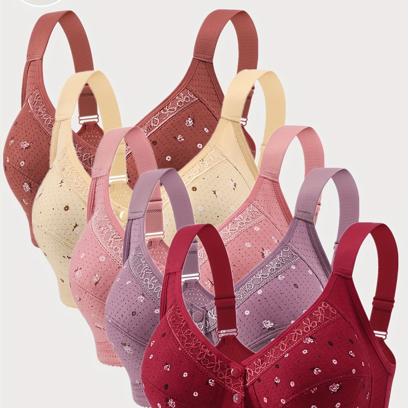 TEMU 5pcs Adjustable Strap Front Closure Floral Print Women's Lightweight Bra