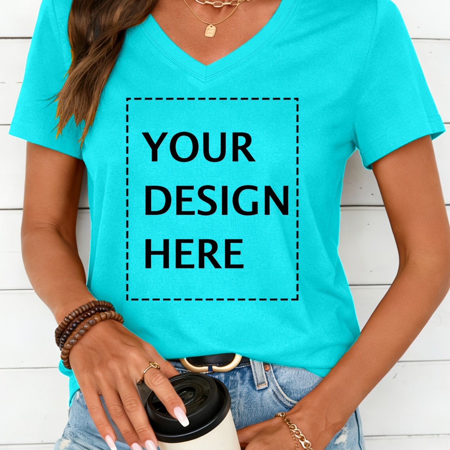 TEMU 15# Custom Women's V-neck T-shirt From Image - Personalized V-neck Top, Machine Washable Shirt For Daily And Special Occasions, Comfortable And