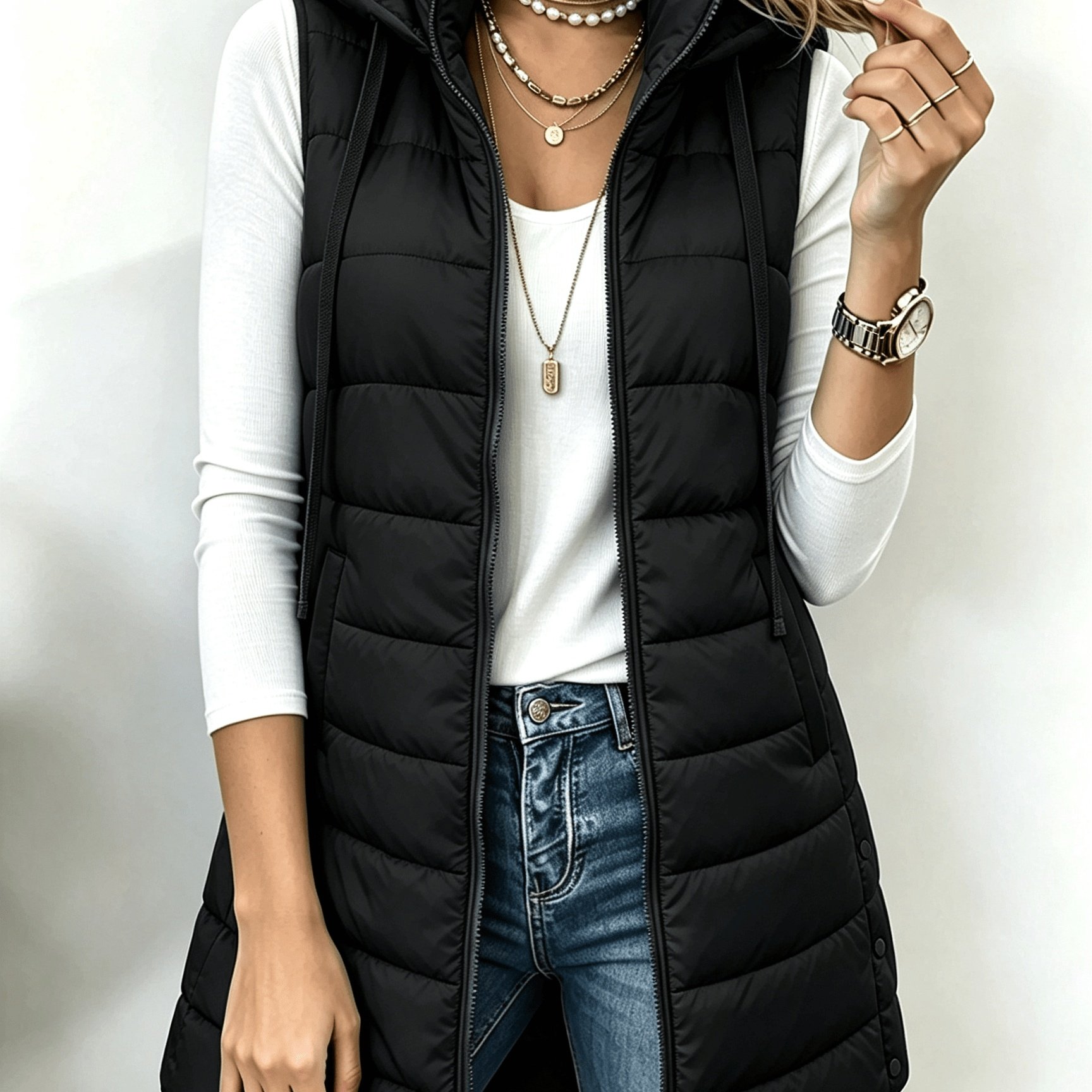 TEMU Autumn/winter Women's Fashion Casual Stand Collar Hooded Vest Padded Coat Warm Outerwear