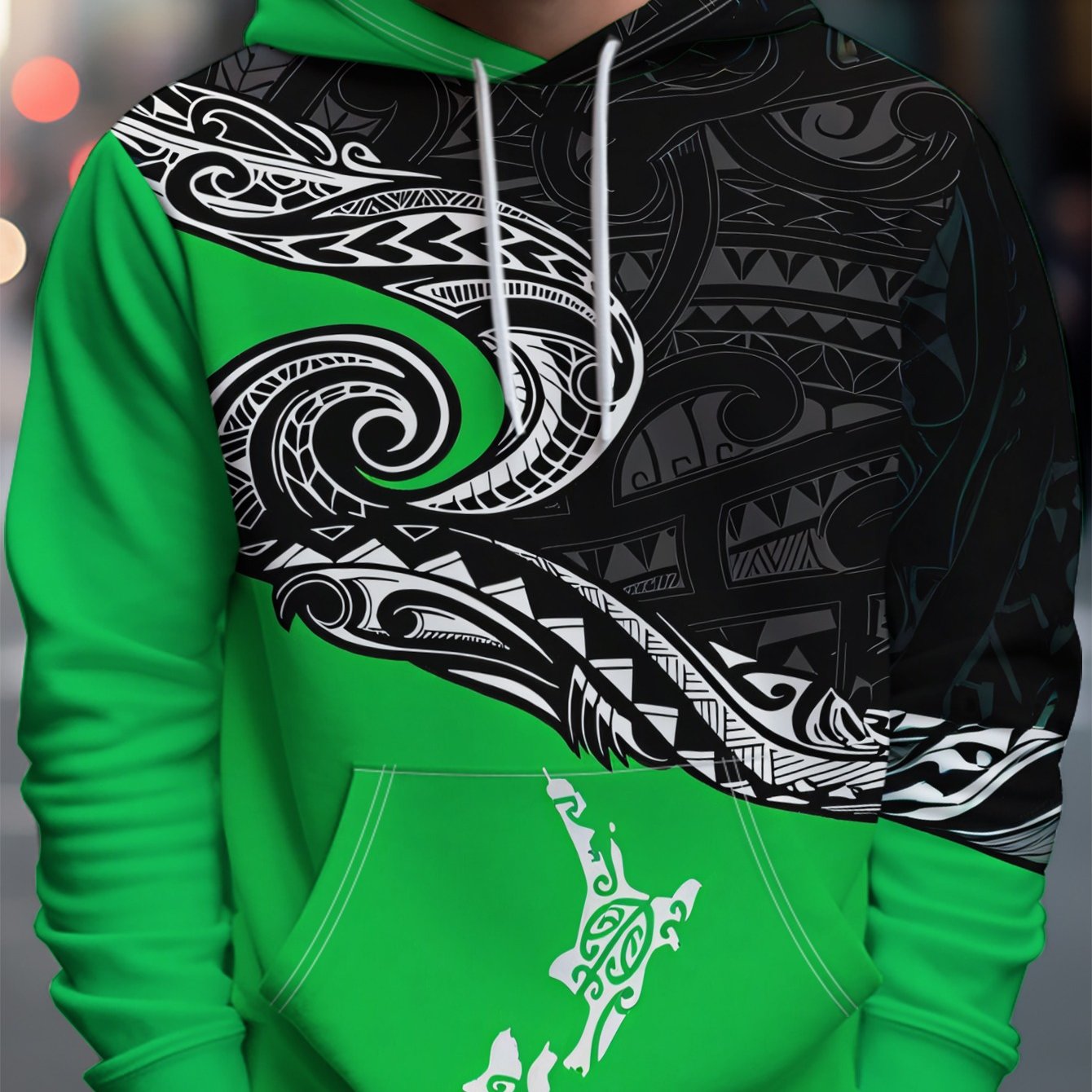 TEMU Men's Hoodie Featuring A Black Spiral Traditional Pattern Print On Background, Casual Wear