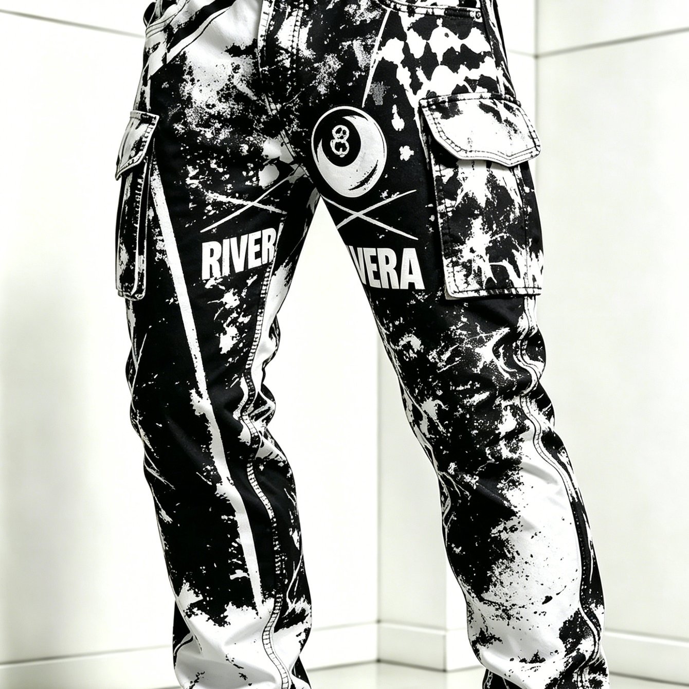 Image of New Arrival Men's Plus Size Cargo Pants Black White Splatter 8 Ball Letter All Trousers For Outdoor Street Wear Wearable Autumn Fashion Versatile Design Sense Men's Casual Cargo Trousers