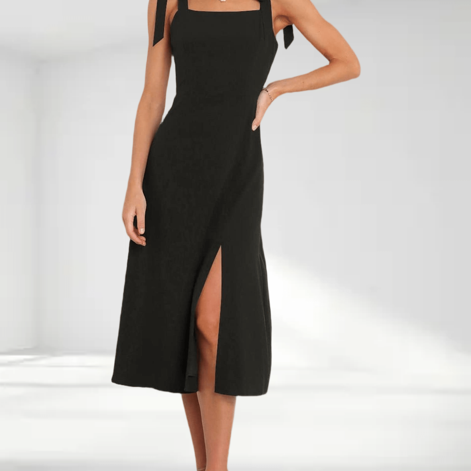Women Elegant Square Neck Midi Dress Side Slit Design Casual Daily Gentle Occasion Outfit