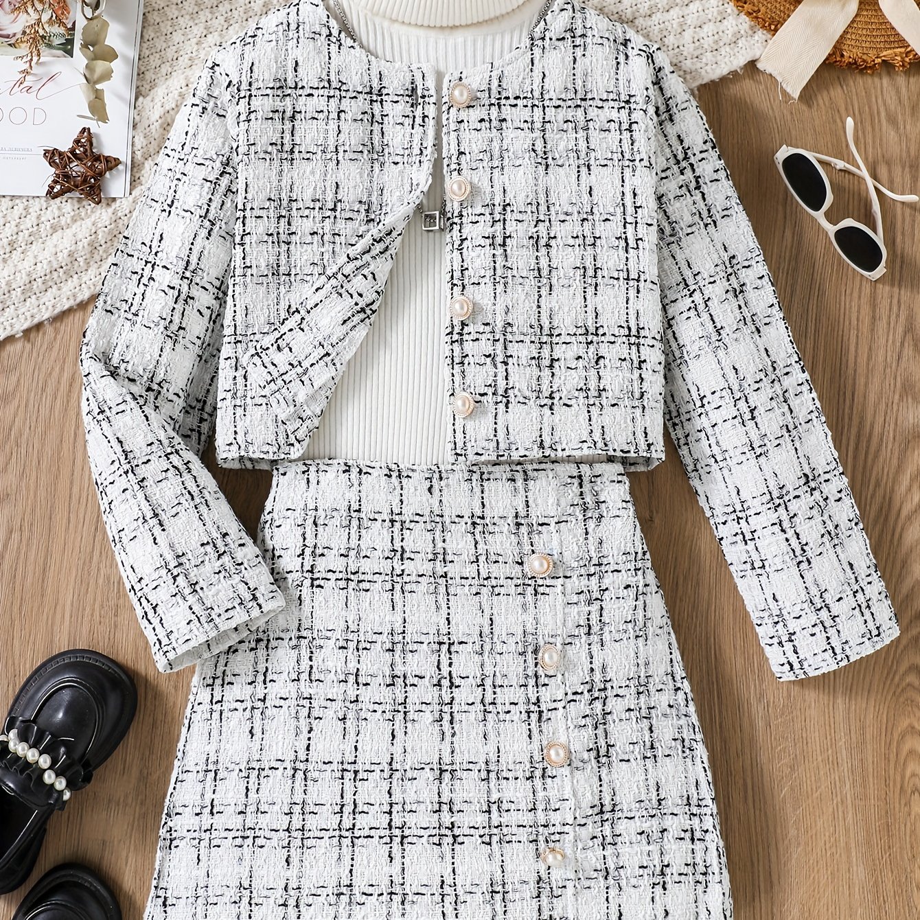 Autumn Retro Style Small Fragrance Jacket + Skirt Girls Two-piece Set
