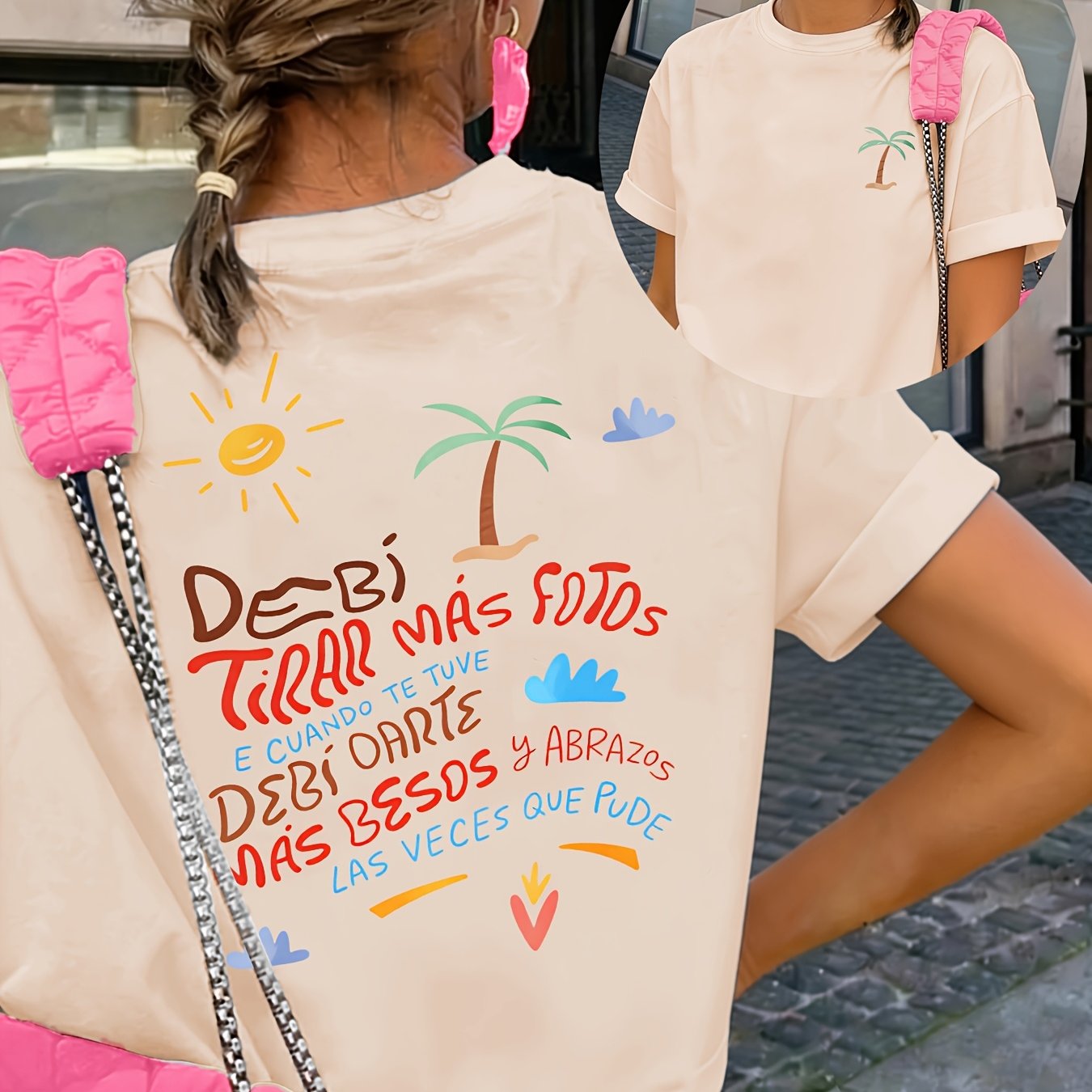 TEMU Camiseta de manga corta y cuello para mujer con estampados vibrantes en el y la espalda, para y verano. para como casual, Y, elegante o de