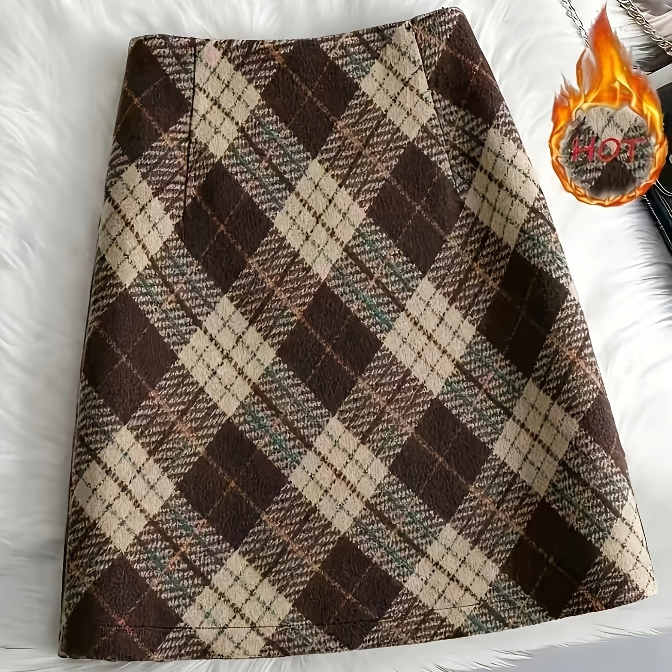 TEMU Women's Plaid Tweed Skirt - High-waisted A-line Thickened Pencil Skirt Suitable For Commuting, Campus & Workplace Wear, Zipper Closure, Machine
