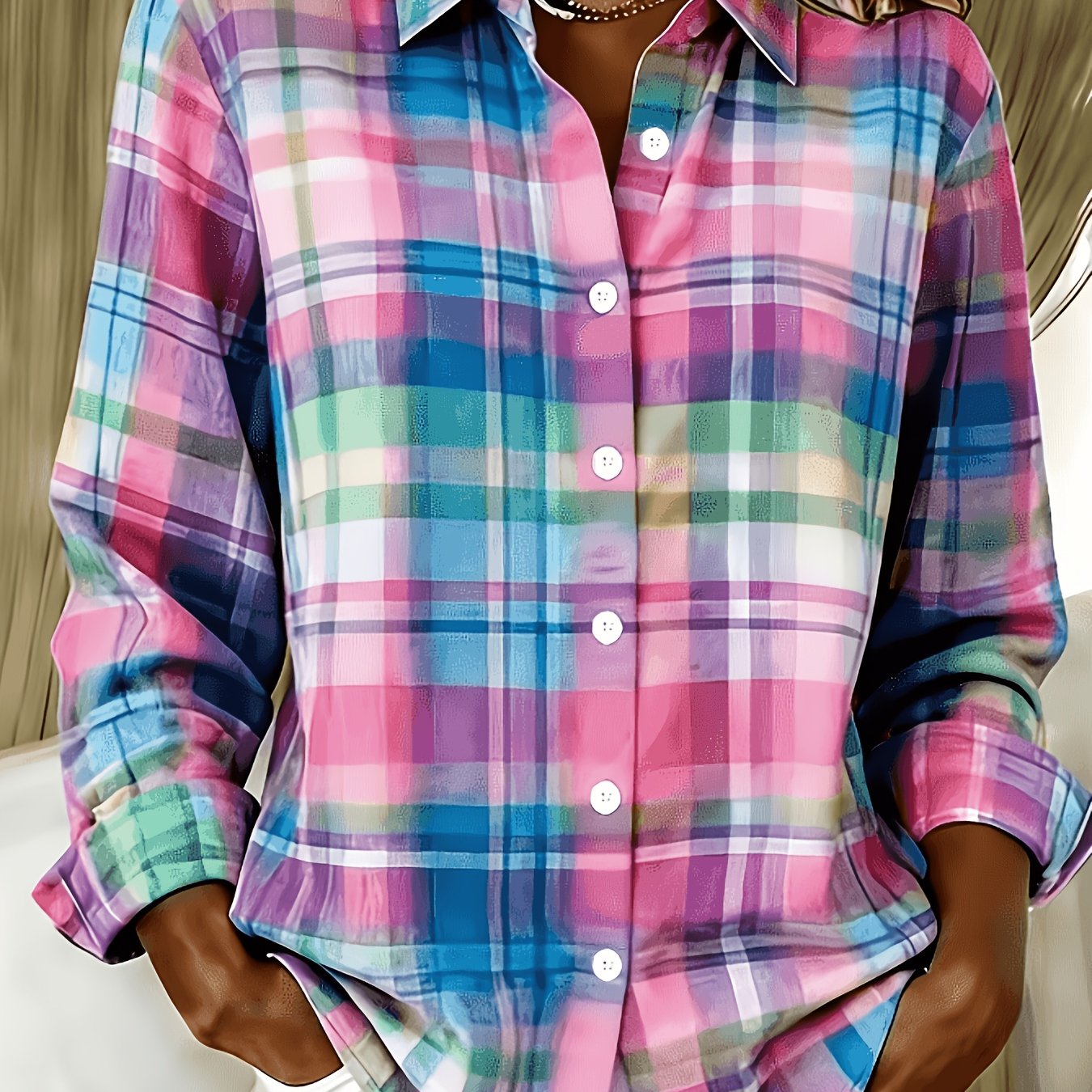 TEMU Elegant Special Edition Women's Printed Shirt - Long Sleeve Button-up, Classic Collar, Machine Washable, Suitable For Office, Commute, Or Formal