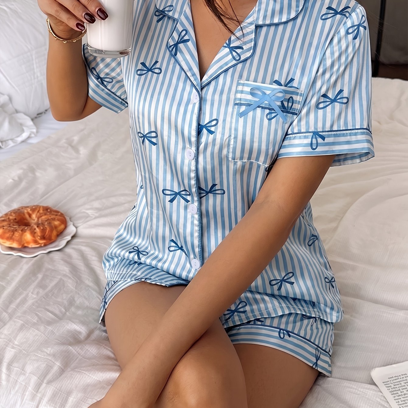 TEMU Women's Fashion Striped Small Bow Simple Loose Fit Elegant Comfortable Lapel Cardigan Short Sleeve Loose Shorts 2pcs Loungewear Set