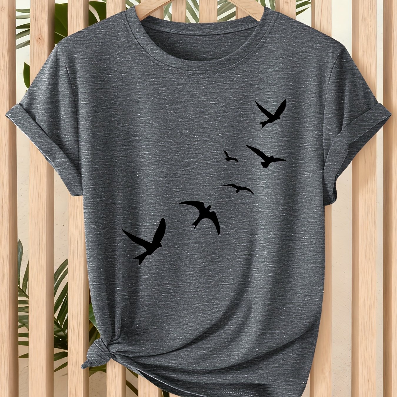 TEMU Women's Loose-fit Short-sleeve T-shirt Suitable For - Casual Elegant Bird Print Top, Round Neck Blouse, Machine Washable Spring Summer Casual