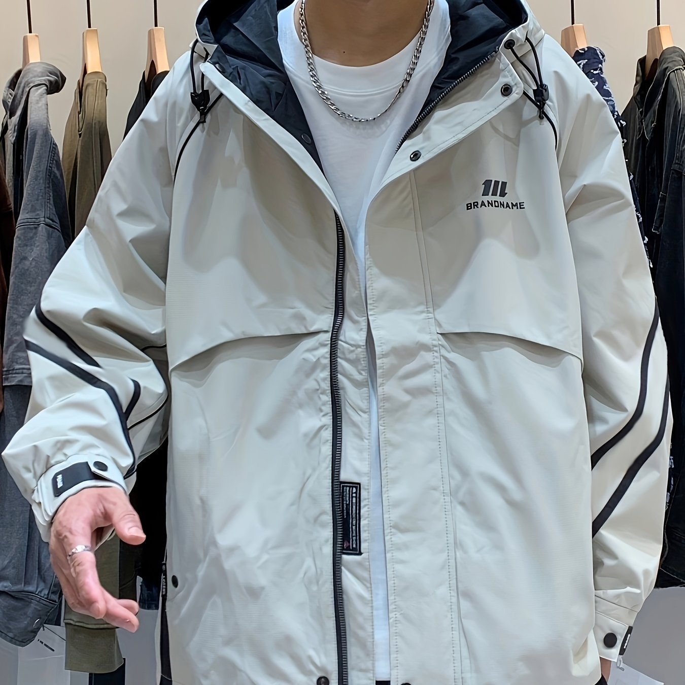 Image of Spring And Autumn Korean Style Men's Hooded Jacket, Versatile Trendy Workwear Striped Casual Coat, Men's Windbreaker