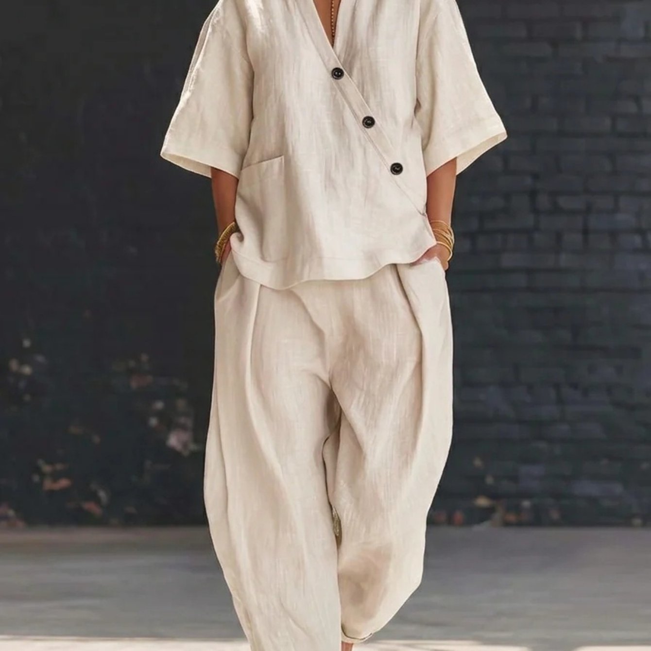 TEMU 2026 Summer New Minimalist Relaxed 2pcs Set V-neck Diagonal Button Short Sleeve Loose Top And High-waist Baggy Pants Casual Vacation Co-ord