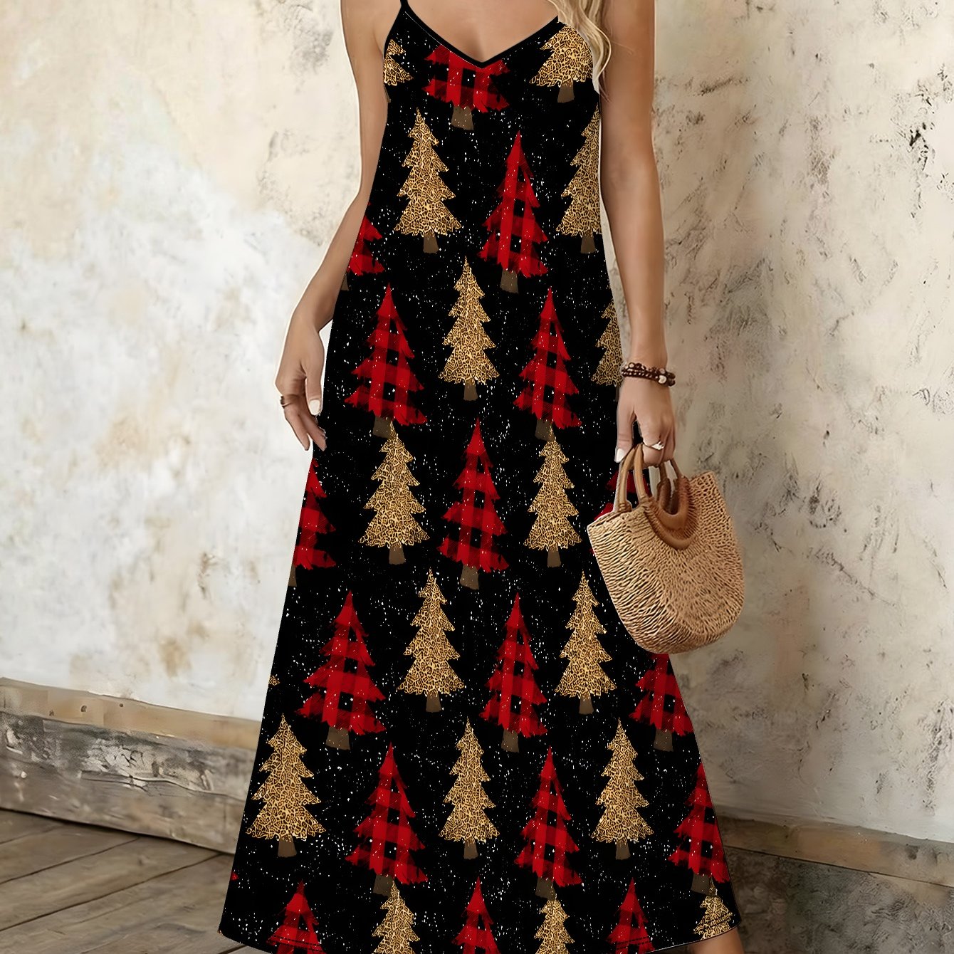 TEMU Festive Rustic Christmas Pattern Women's Casual Vacation Dress
