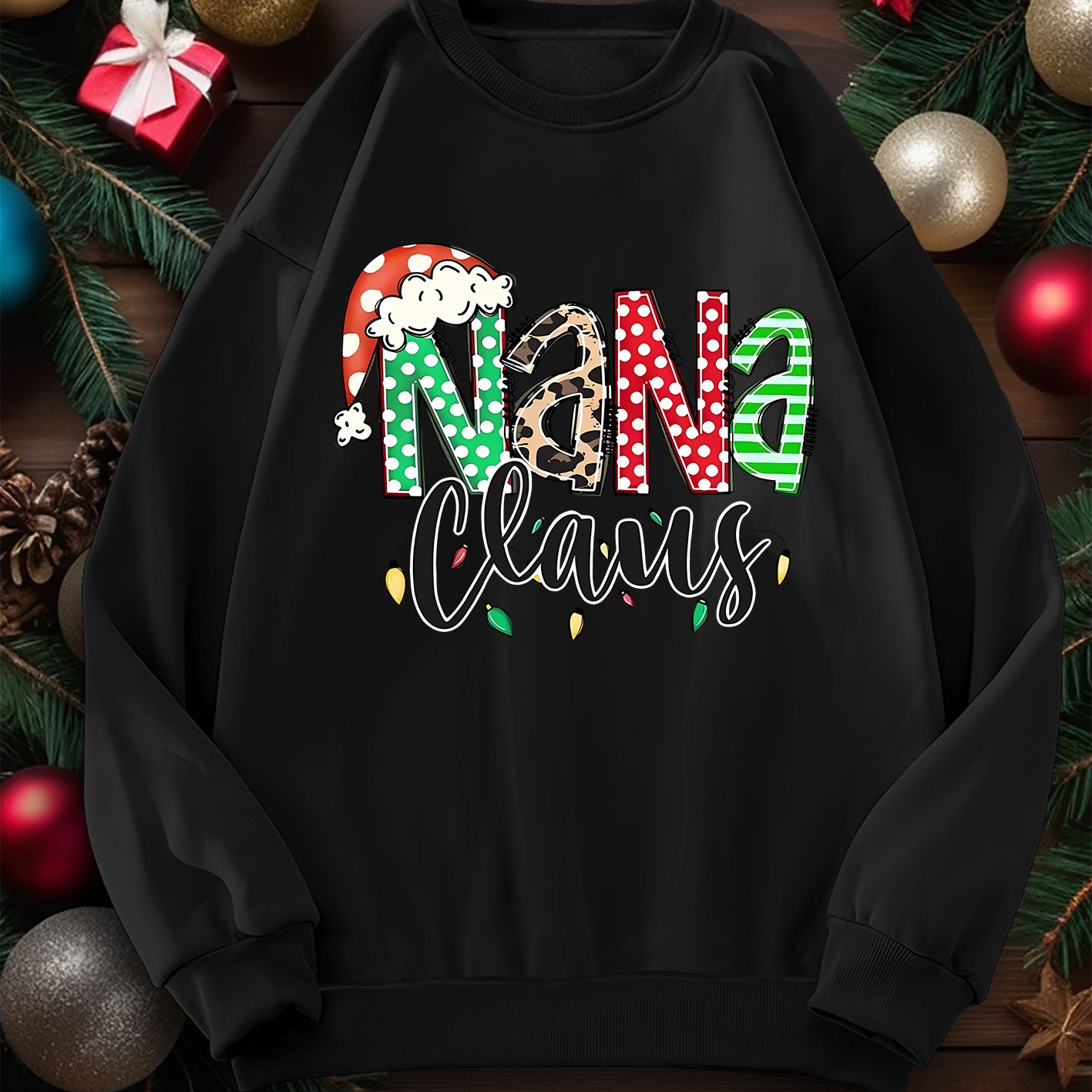 TEMU Women's Festive Christmas "nana Claus" Graphic Print Sweatshirt - Casual Crew Neck Knit Polyester Pullover For All Seasons