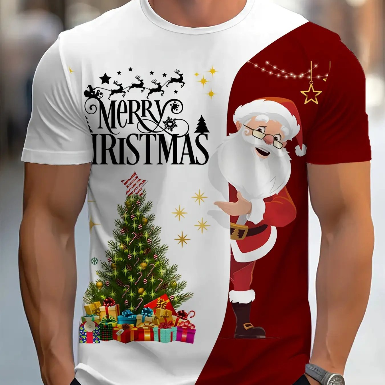 TEMU Men's Christmas T-shirt - Red And With Santa Claus Pattern And "merry Christmas" Text - Machine Washable Holiday Party Shirt - Style Gift,