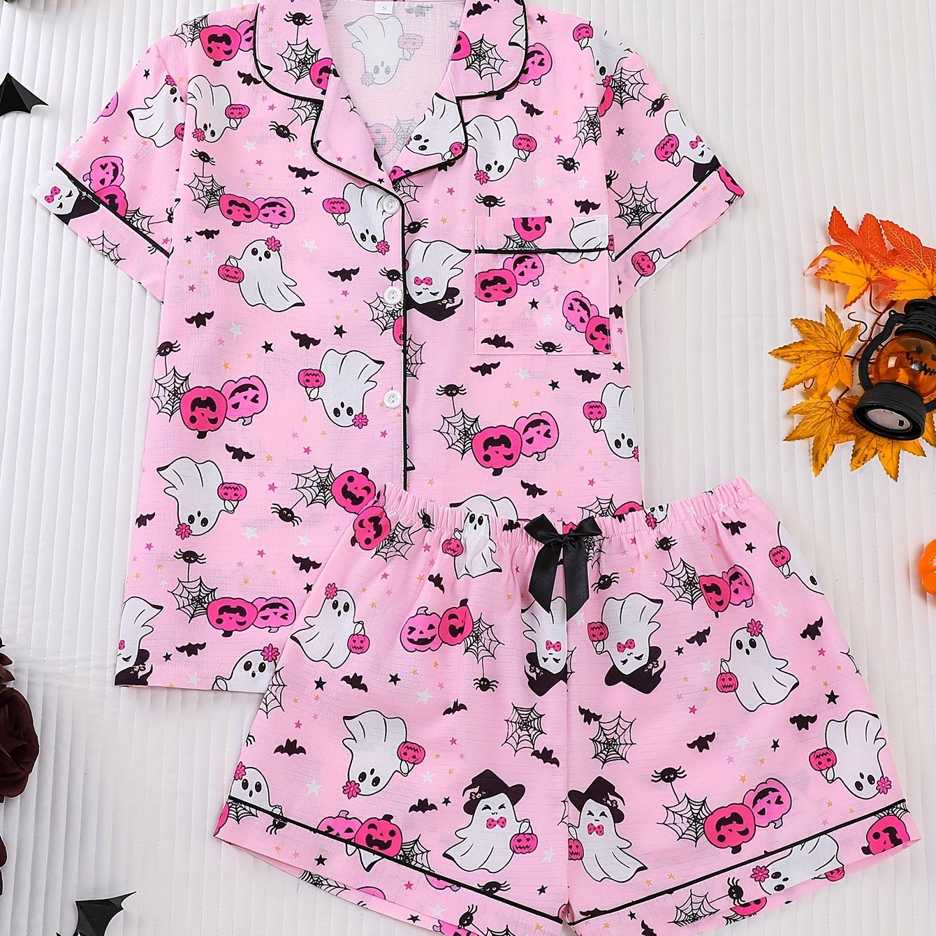 TEMU Women's Cardigan Pink Base Halloween Print Pajamas Women's Set Trade Fashion Spring And Summer Short-sleeved Shirt Plus Briefs Shorts Home Wear