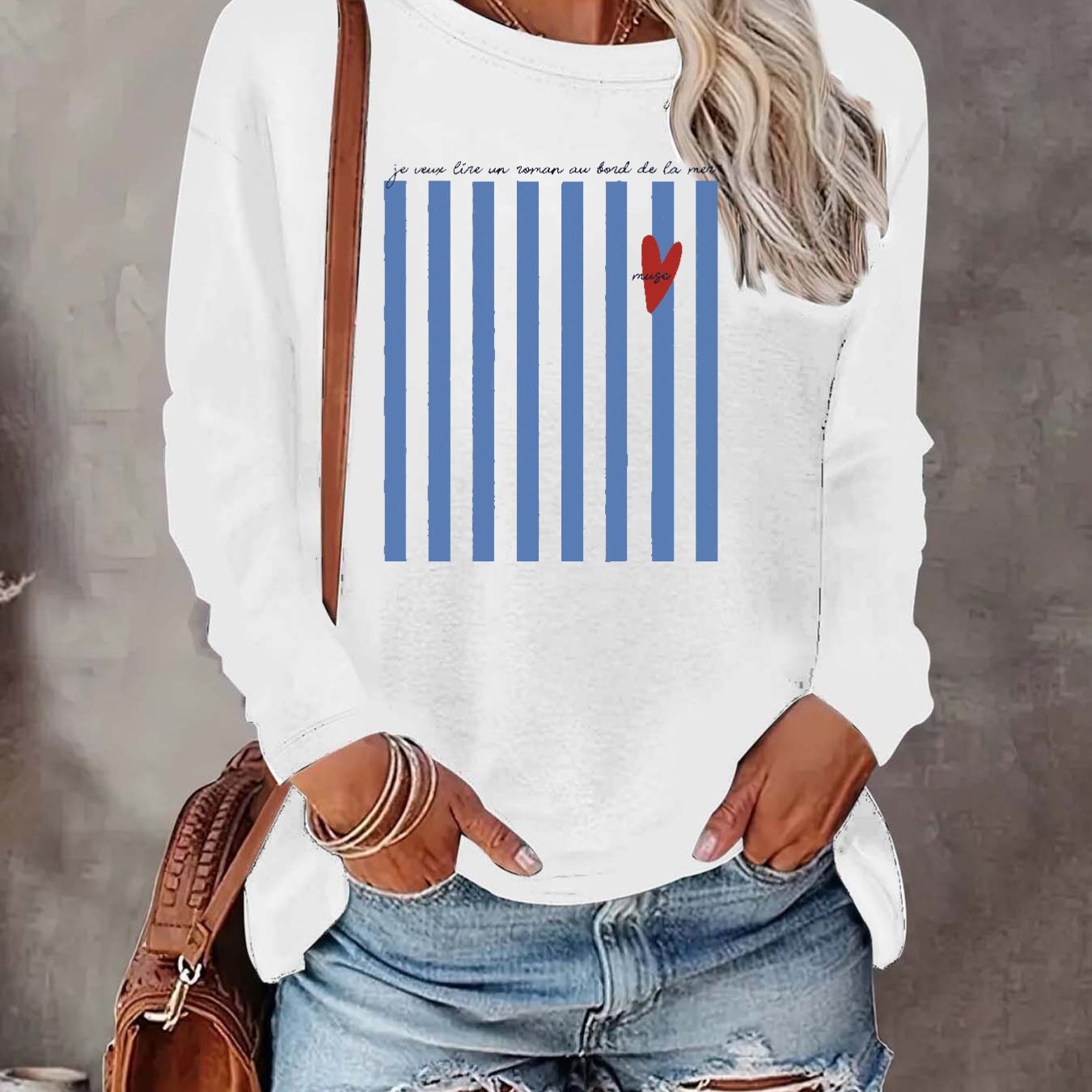 Image of Long Sleeve, , Misé Print Round Neck Women's Casual Long Sleeve Top - Women's Clothing