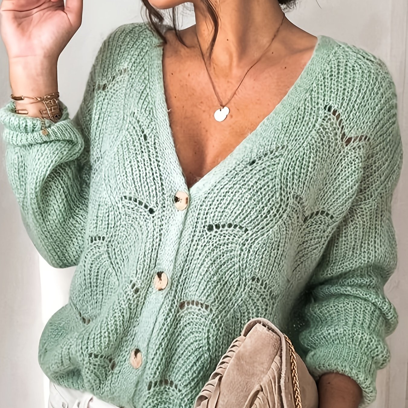 Image of Spring/autumn New Arrival Sexy V-neck Hollow-out Top Solid Color Loose Cardigan Sweater Jacket