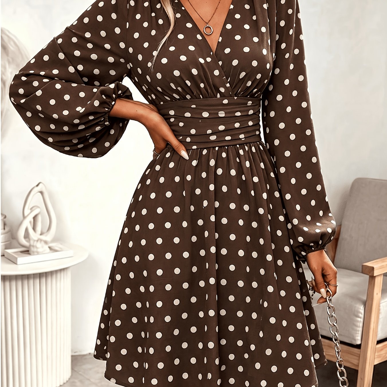 TEMU Women's Brown Polka Dot Waist Tie Pleated Puff Sleeve Short Dress, Elegant French Retro Romantic Commuter Business Vacation Style Easy All-match