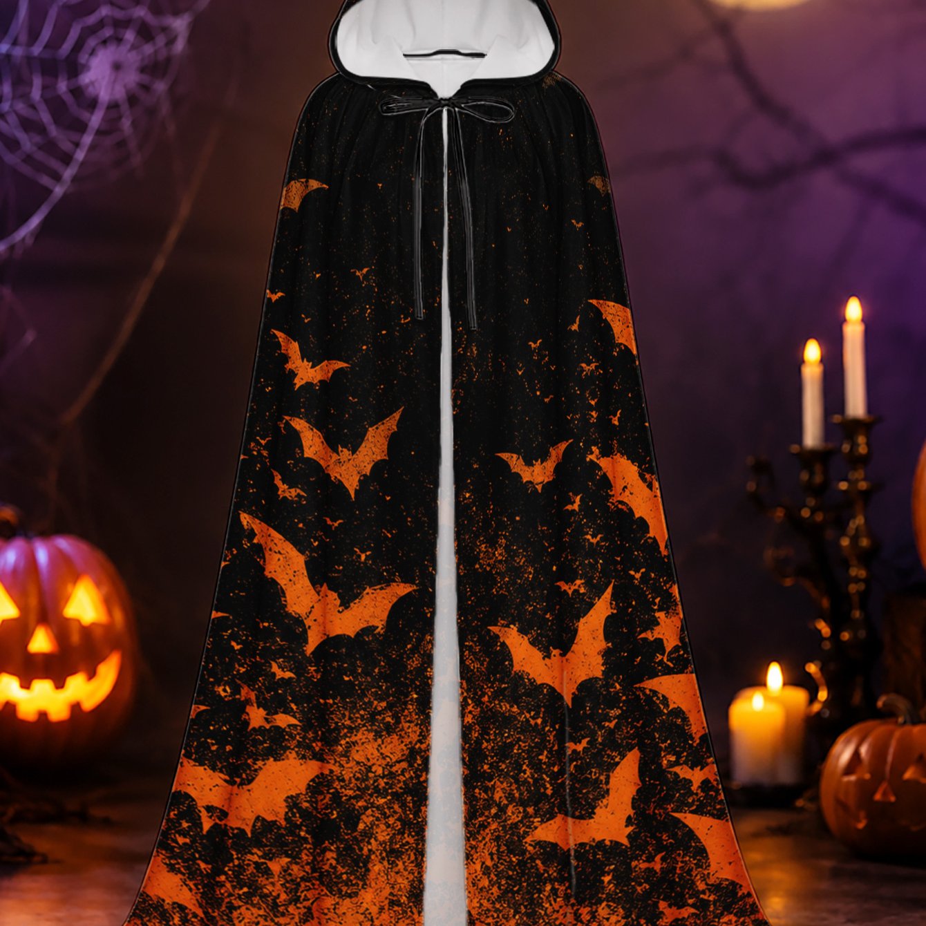 TEMU 1pc, Cape Longue de Festival avec Chauves-souris Orange sur Éléments Noirs, Robe à Capuche Unisexe pour d'Horreur d'Halloween, Célébrations de