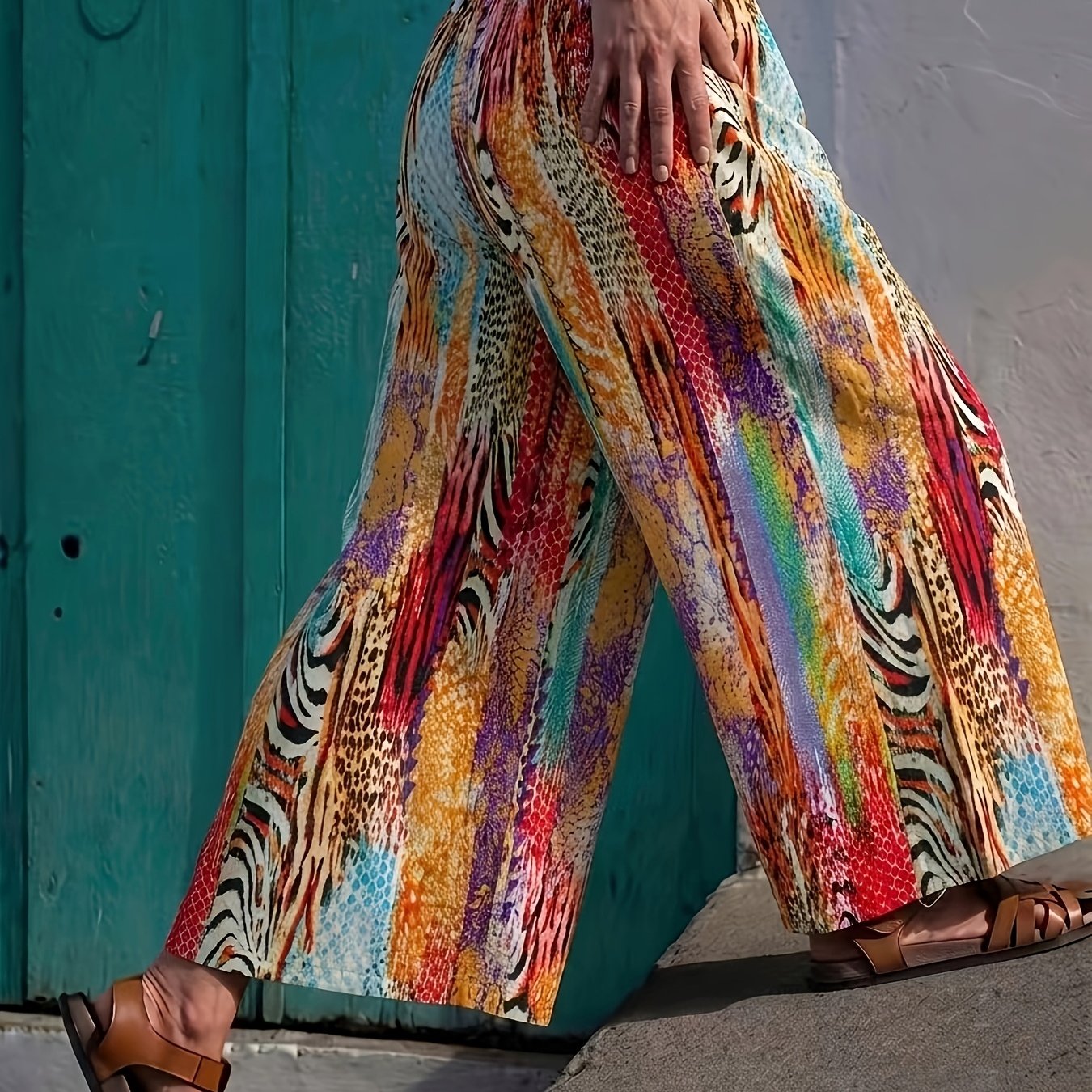 Image of Summer Colorful Printed Wide-leg Pants, Comfortable Loose-fit Vacation Beach Wear Women's Long Pants, Lightweight And Relaxed Summer Beach Vacation Casual Trousers