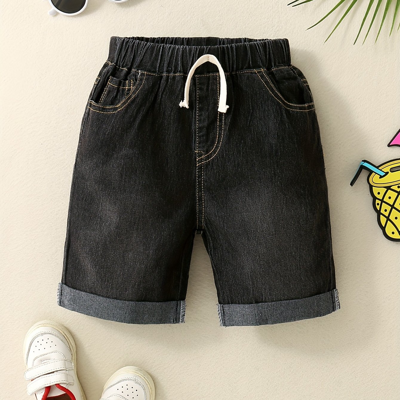 TEMU Boy's Summer Casual Denim Shorts - Solid Color, Fit With Waist & Drawstring Detail, Machine Washable