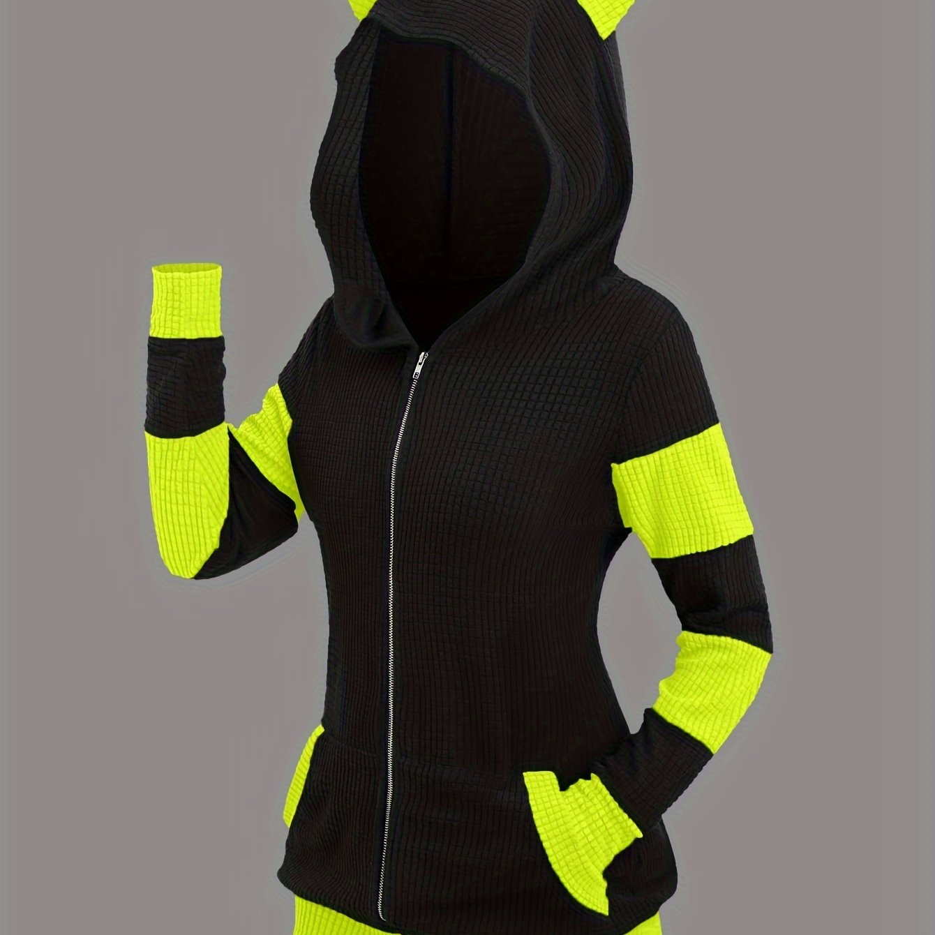 Image of 2024 Western Fashion Women's Clothing Autumn Winter New Thickened Cat Ear Mid-length Color-block Hooded Sweatshirt Jacket