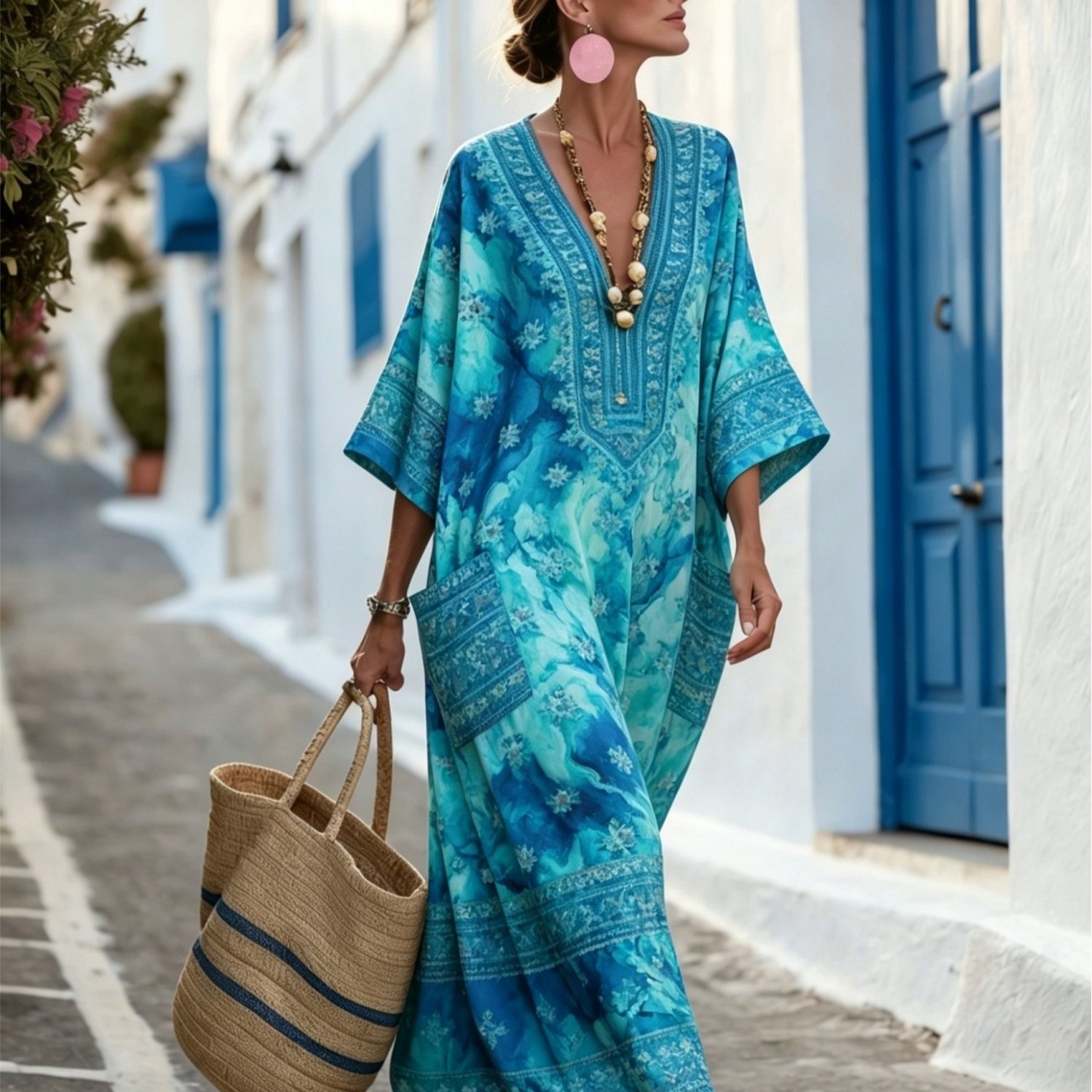 Image of Plus Size, New Arrival Womens Kaftan Robe Outdoor Streetwear Blue Green Tie Dye Floral All Fashion Versatile Designer Loose Long Cover Up