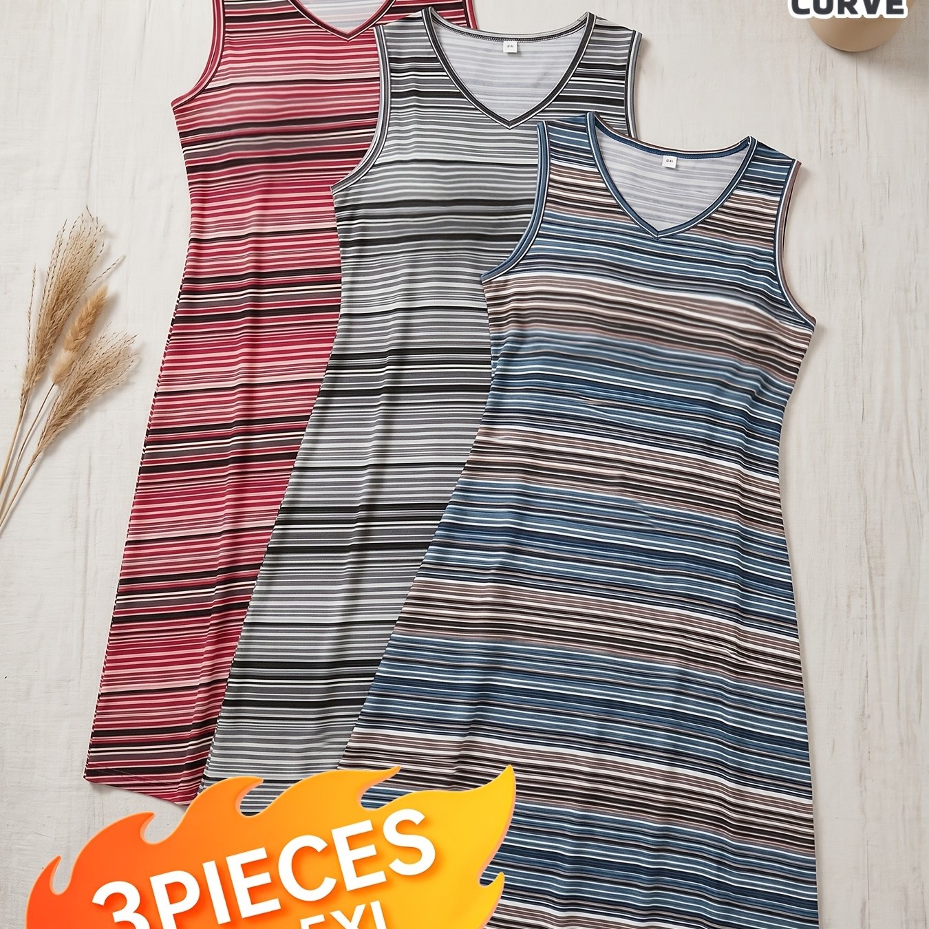 Image of 3pcs Set, Women's Plus Size 1xl-5xl, Striped Print Design, Vest Dress Style, Made Of Soft And Smooth Material, Designed For Any Season, Loose Fit, Worn Outside, Home Casual Fashion Dress