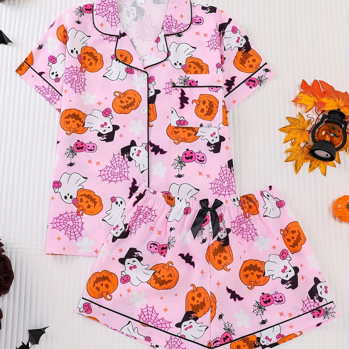 TEMU Women's Pink Halloween-themed Printed Pajamas, And Summer Collection, Featuring Cute Cartoon Cardigan Short-sleeve Top With Elastic Shorts For