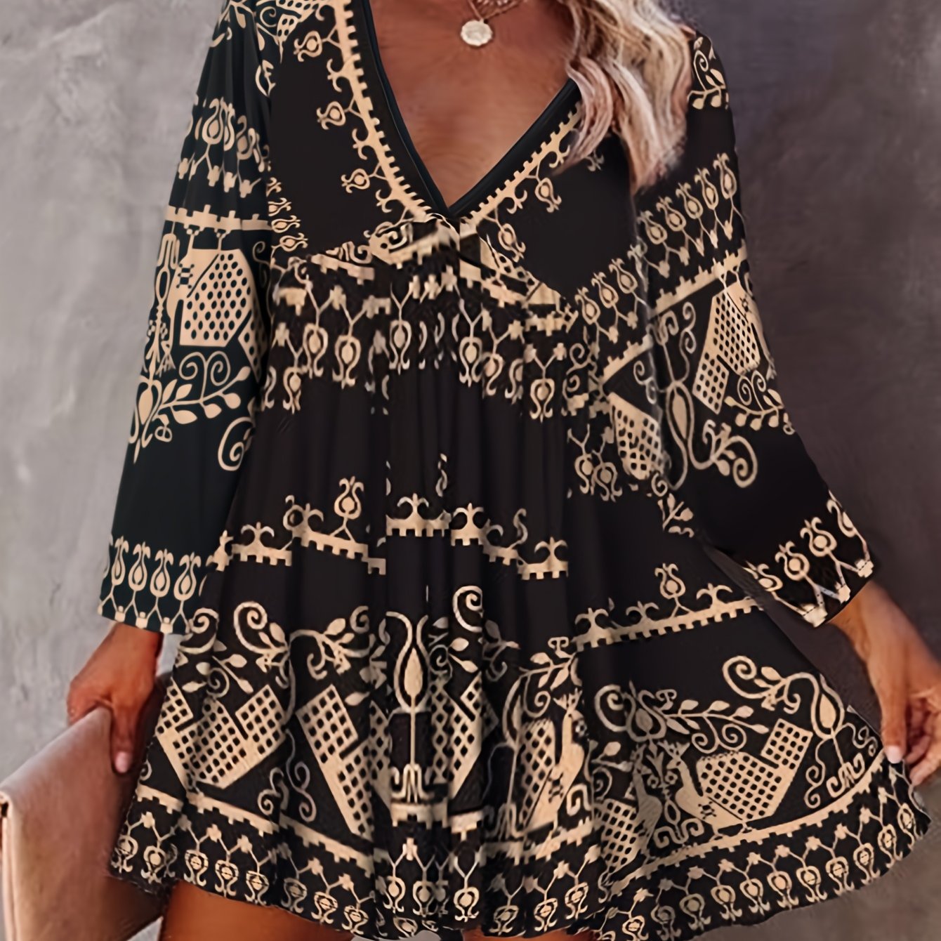 Image of Autumn Winter Women's Ethnic Style Printed -neck Dress Commuter Style Short Sleeve Suitable For Home Daily Wear
