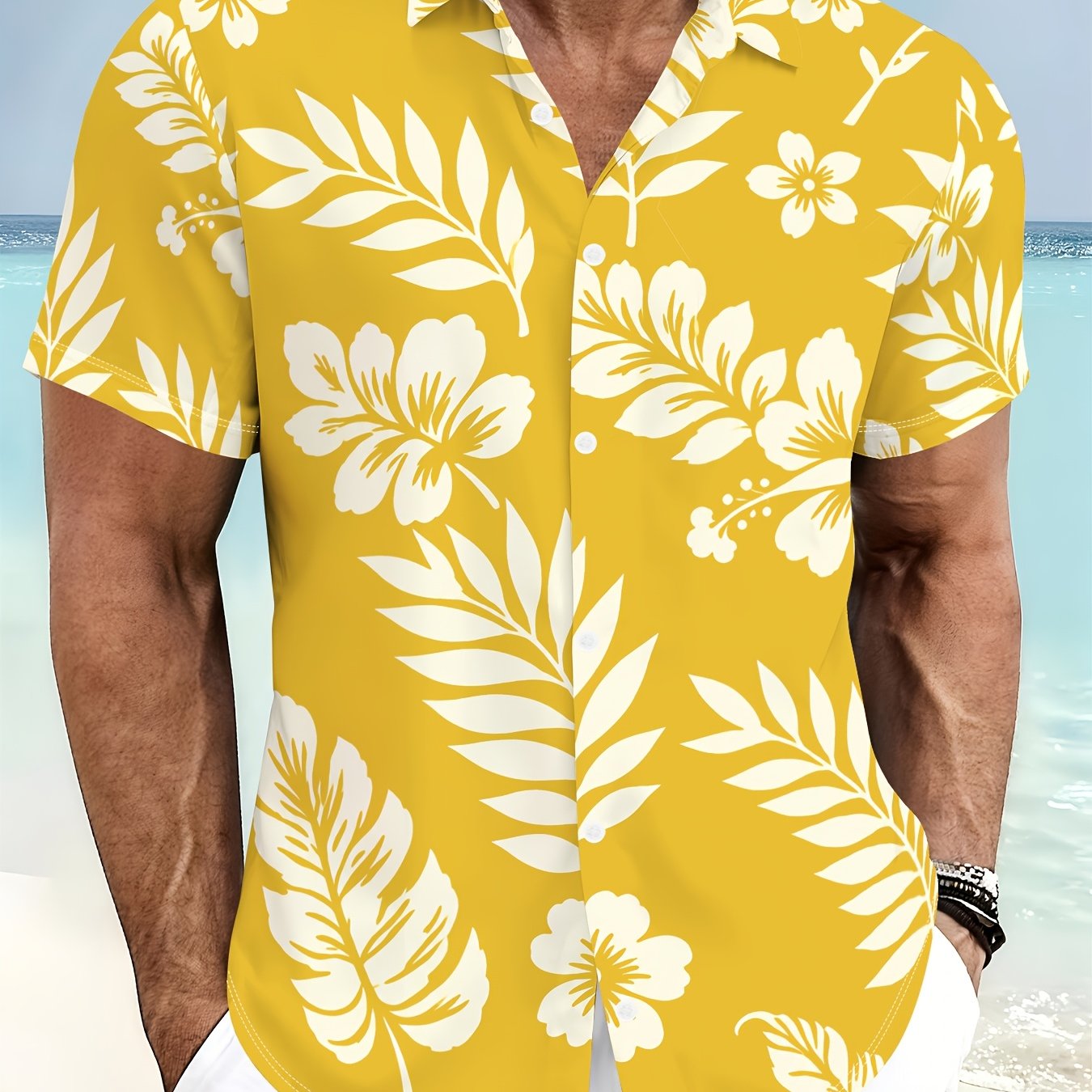 TEMU Men's Yellow Tropical Print Short Sleeve Shirt, Summer Casual Beach Dress Shirt