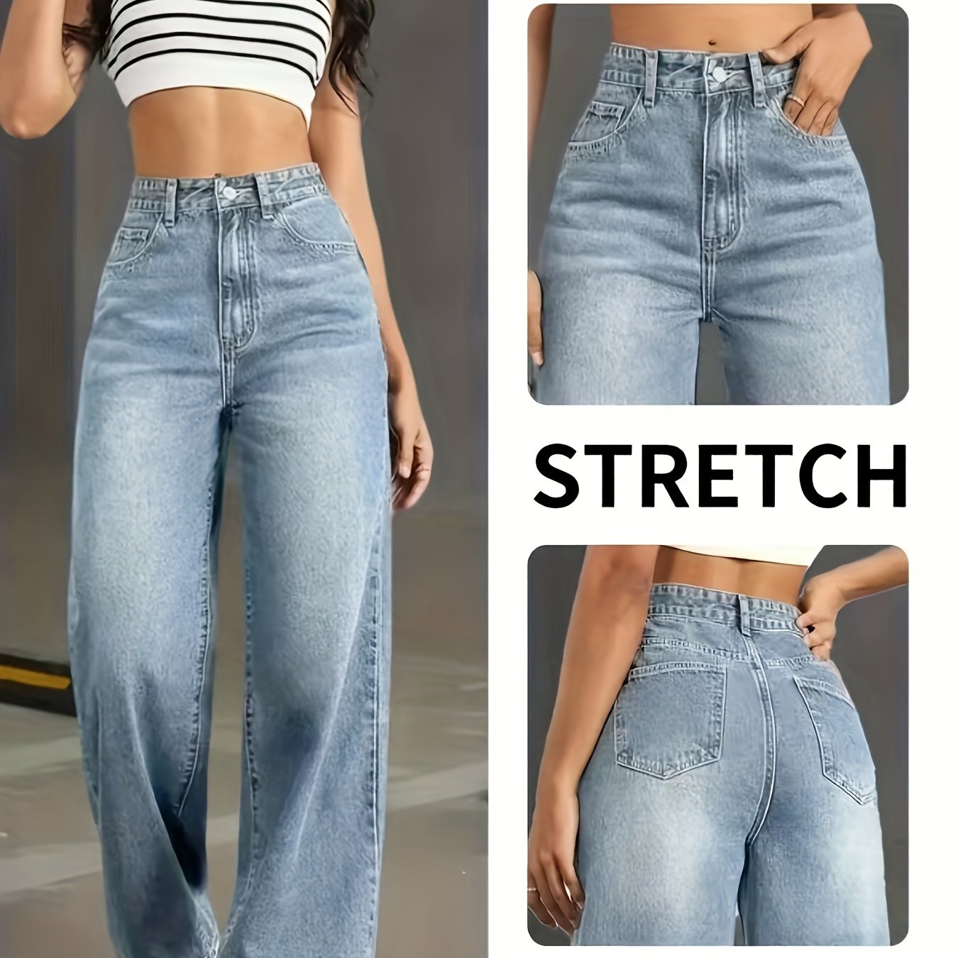 Image of Women's Mid-rise Stretch Jeans, Loose Straight Fit, Elegant Style, Versatile Blue, Casual Trousers