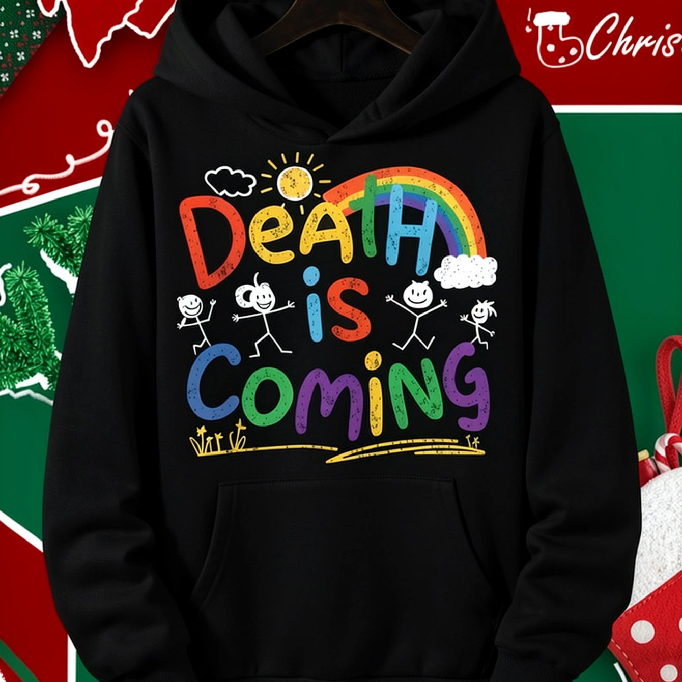Image of Death Is Coming Funny Dark Humor Hoodie, Hooded Sweatshirt For Men And Women, Long Sleeve Pullover With Drawstring Hood And Kangaroo Pocket, Casual Streetwear Top For Fall Winter, Daily Wear And