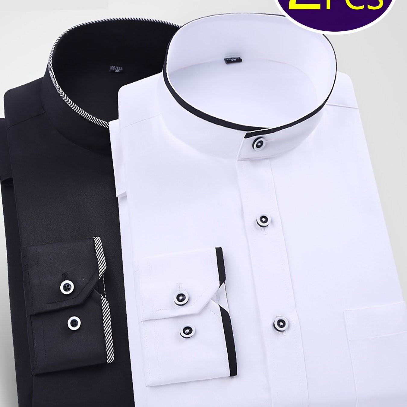 2pcs Men's Collar Shirts - Wrinkle- Casual Office Wear, Lightweight Slim Fit Blouse (white/black)